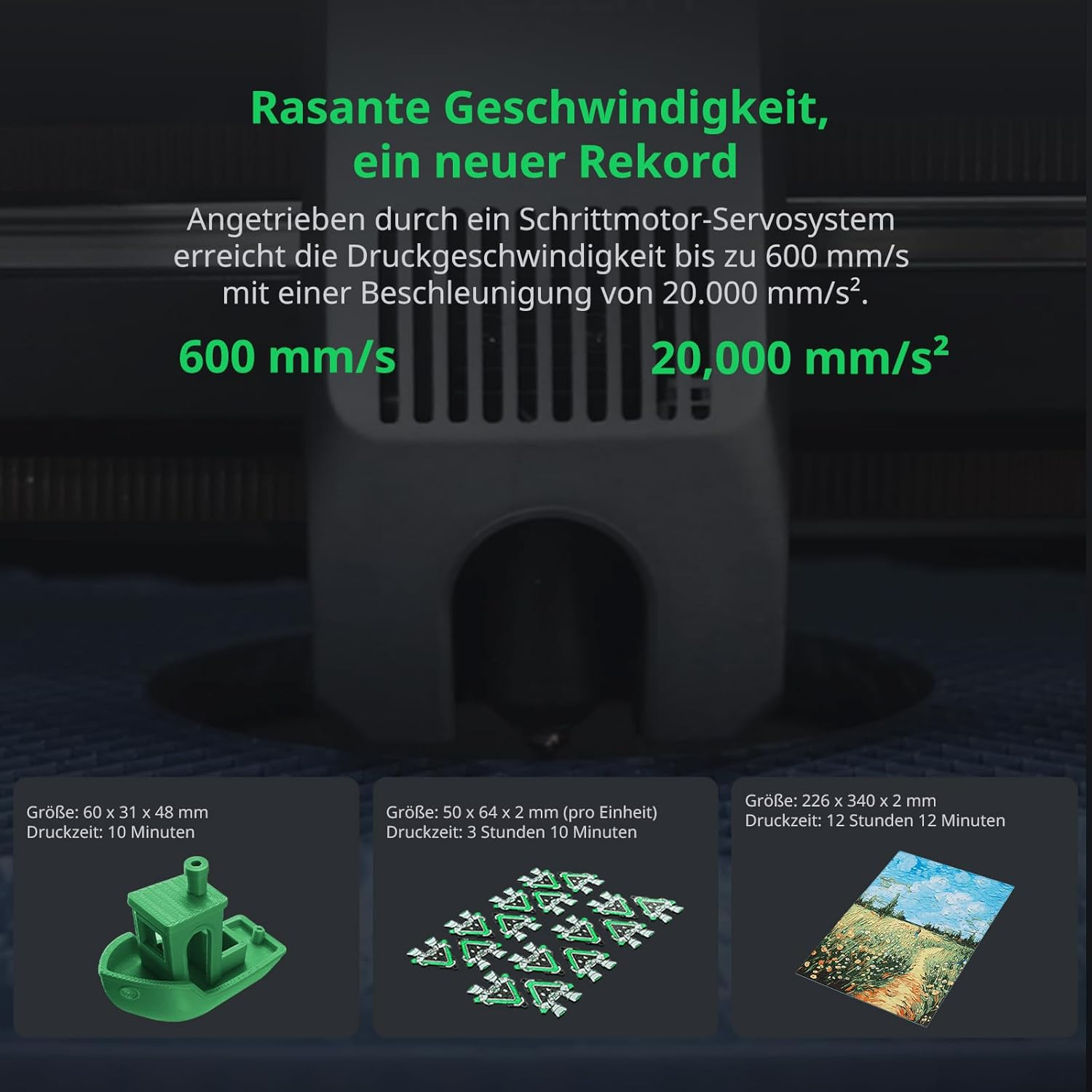 Pantalla de impresora 3D muestra 600 mm/s y 20.000 mm/s²; abajo 3 ejemplos.