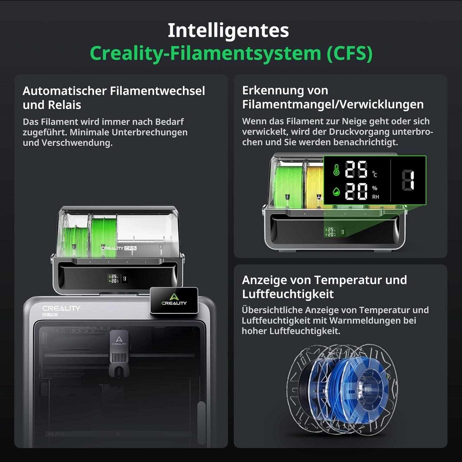 Sistema de filamento Creality (CFS) con alimentación automática, detección de escasez/enredos y pantalla de temp/humedad.