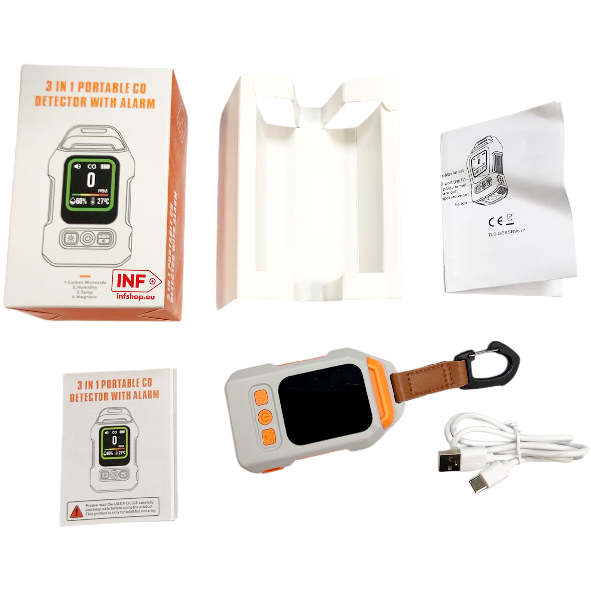 Ein 3-in-1 tragbarer CO-Detektor mit Zubehör, darunter Verpackung, Anleitung und USB-Kabel.