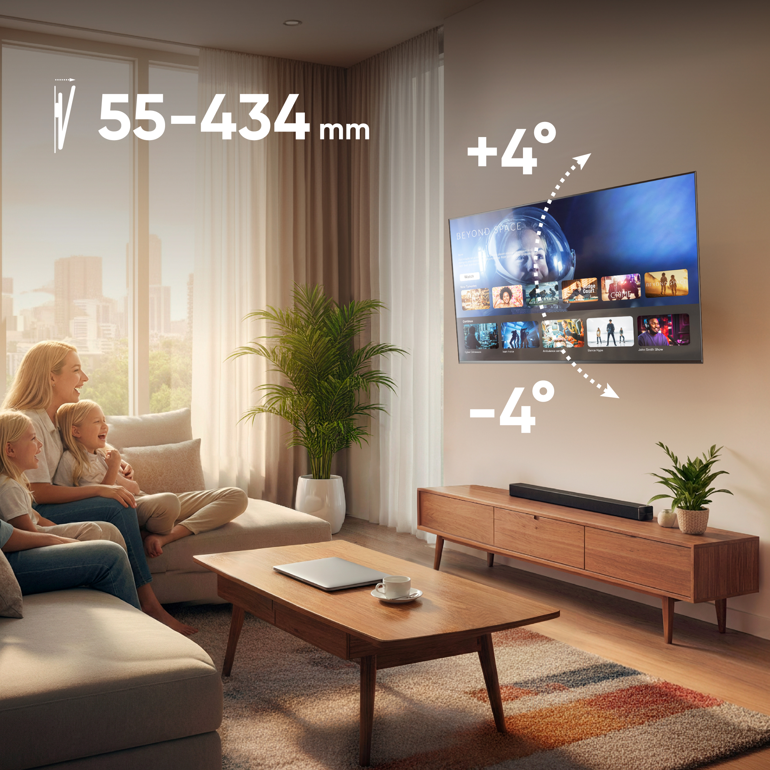 Rodzina ogląda telewizję, z podanymi wymiarami i kątami nachylenia.