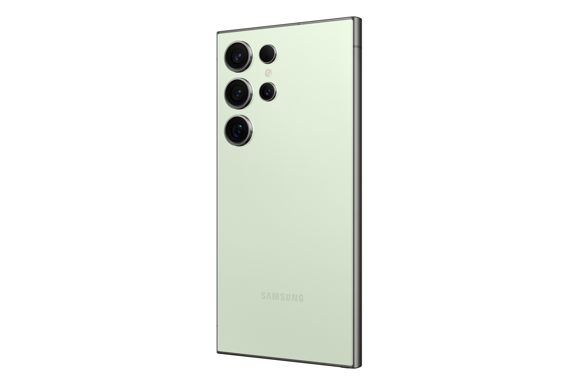 Lichtgroene smartphone met vier camera's en Samsung-logo op de achterkant.