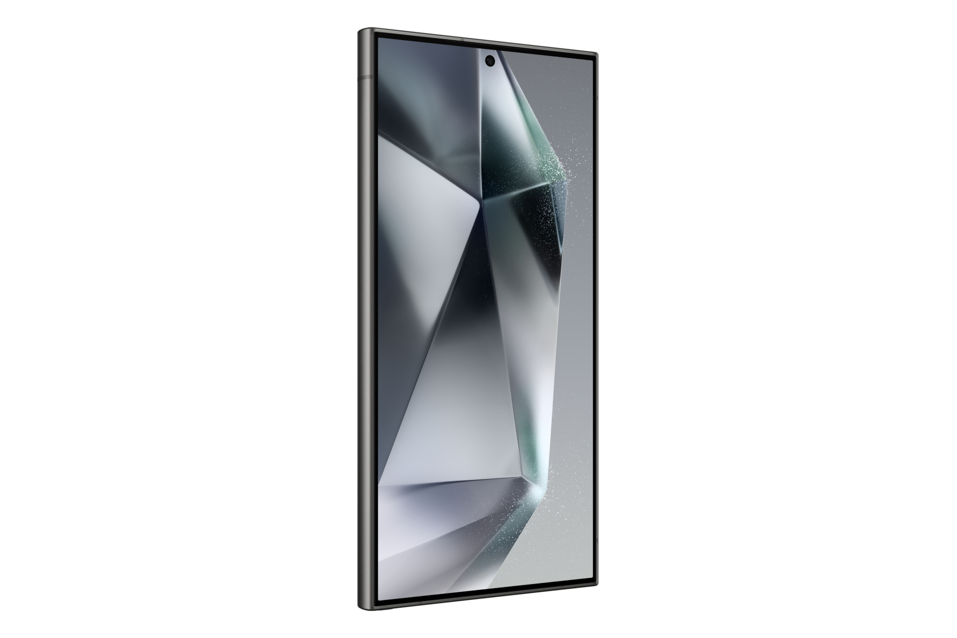 Een slanke smartphone met een abstracte, geometrische achtergrond.
