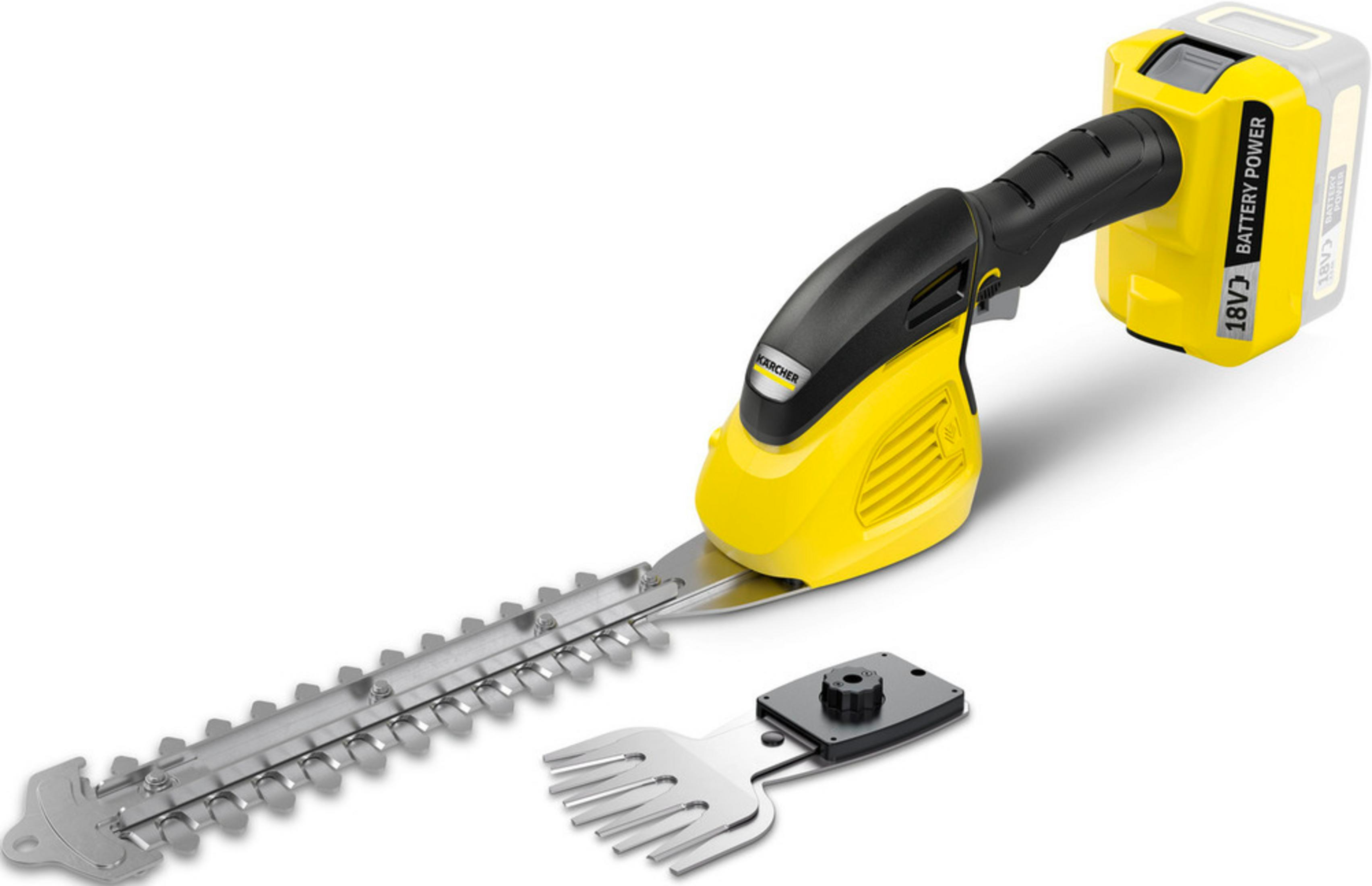 Un cortasetos a batería amarillo y negro con cuchillas y un accesorio.
