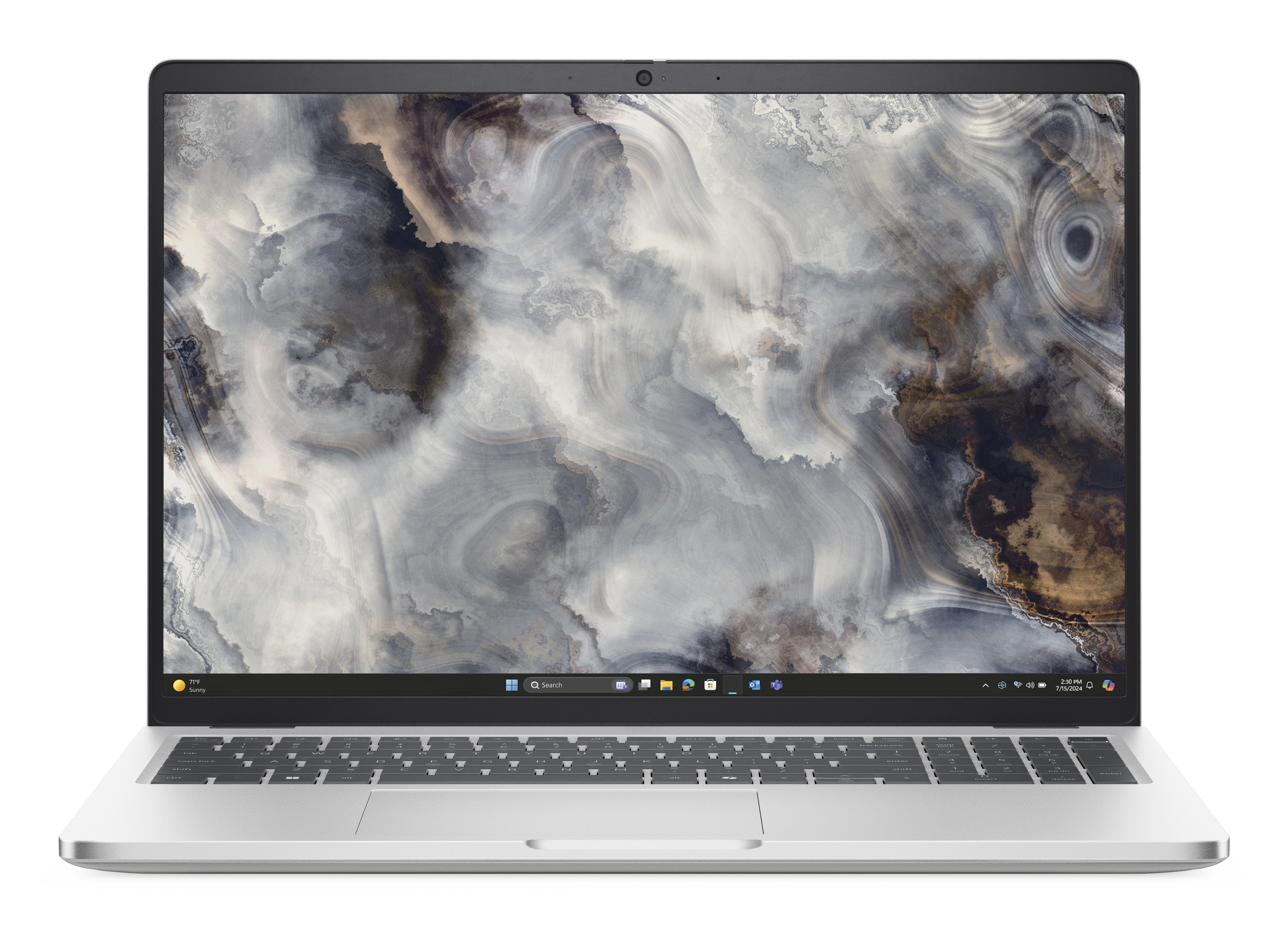 Srebrny laptop z marmurową tapetą.