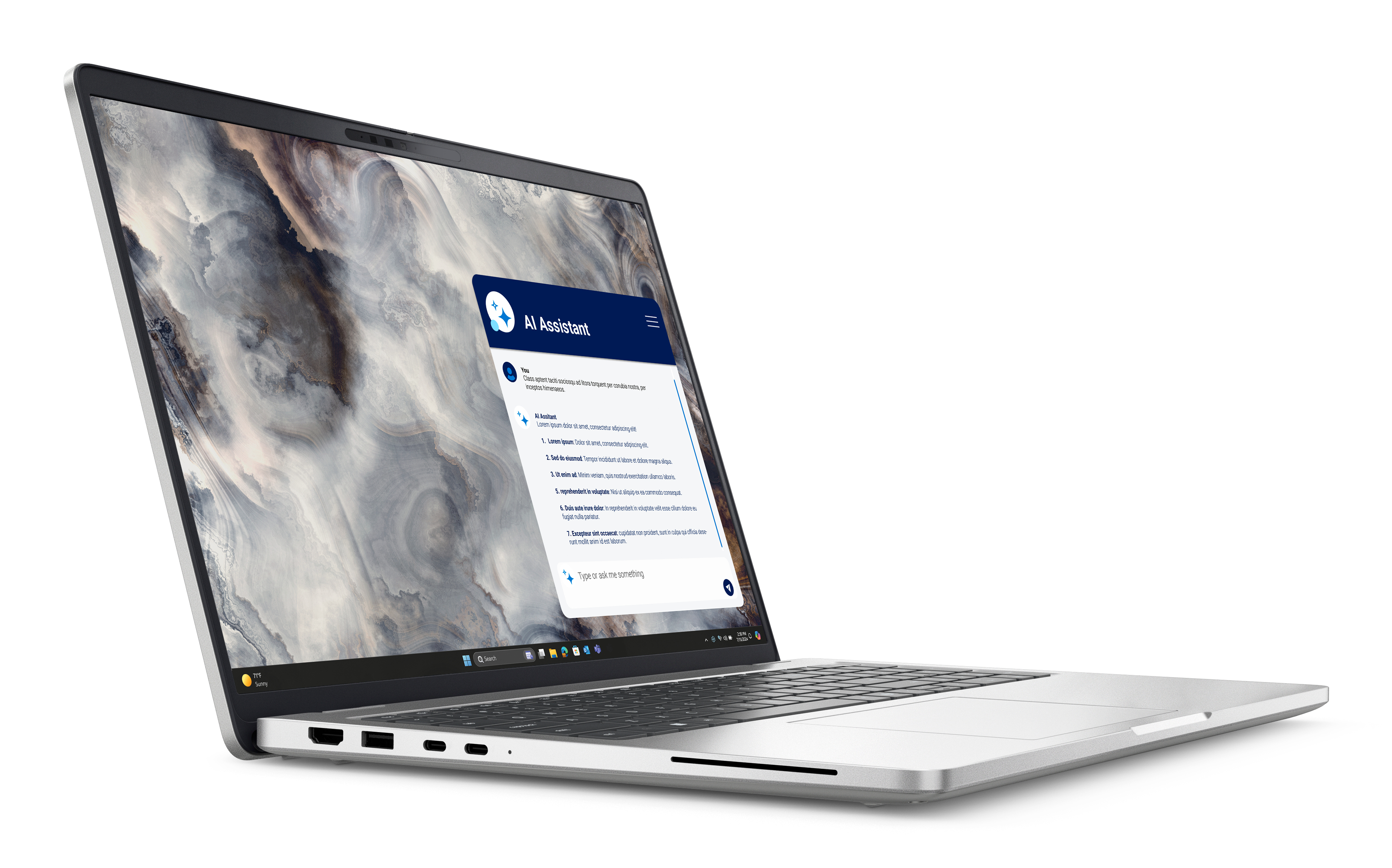 Otwarty laptop z abstrakcyjną tapetą i oknem Asystenta AI.