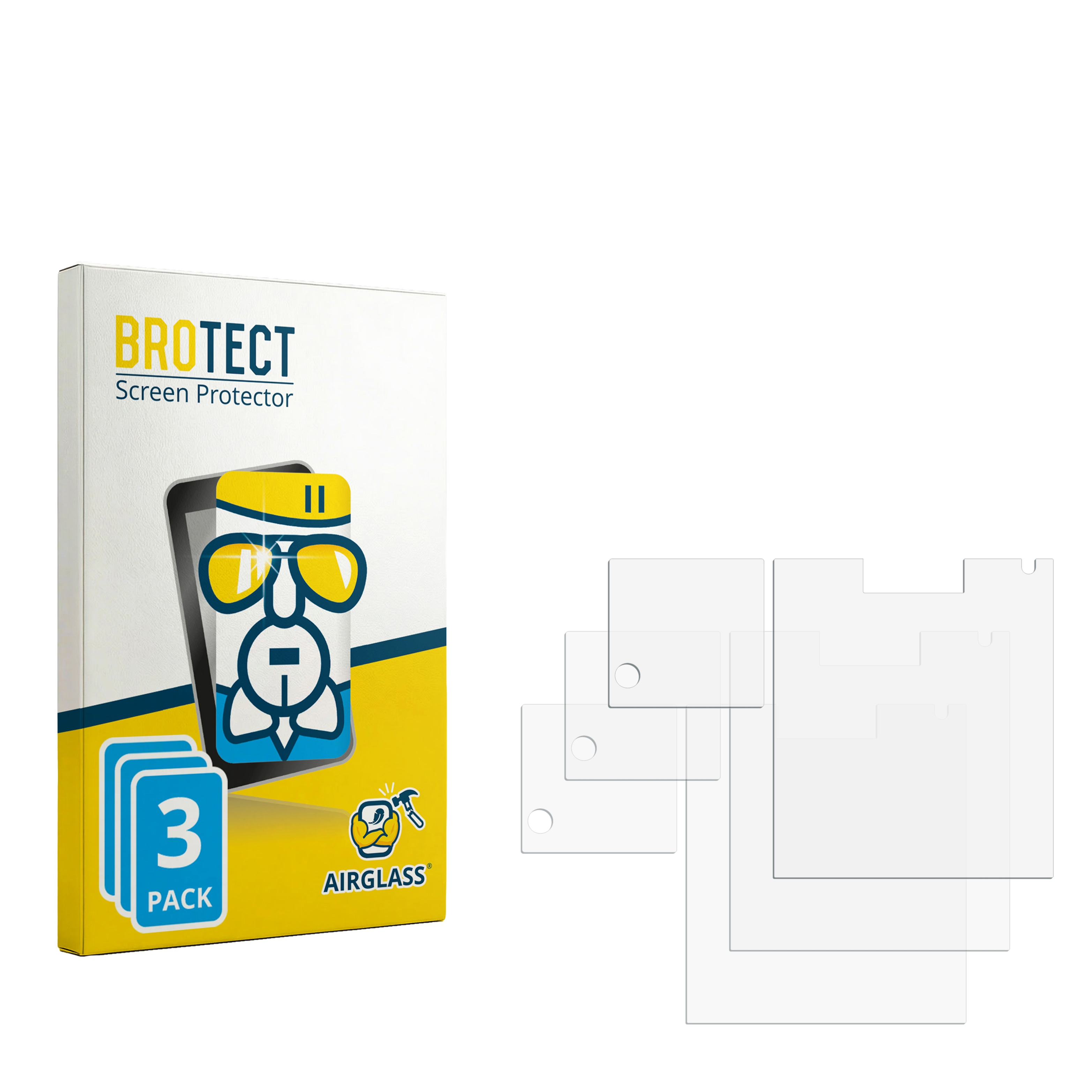 Verpackung von BROTECT Displayschutzfolien, 3er Pack, mit Schutzfolien daneben.