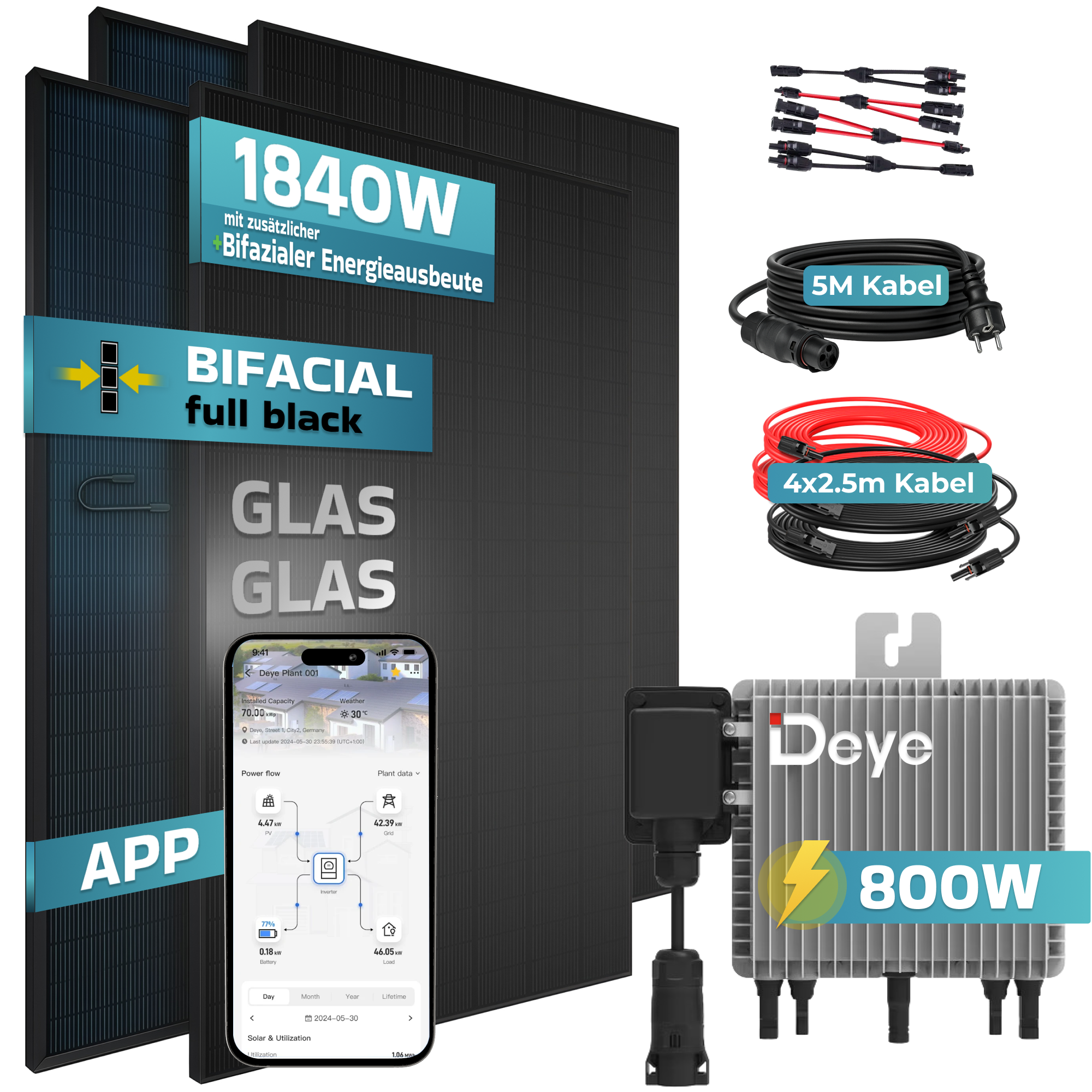 Schwarze Solarmodule, Wechselrichter, Kabel und eine App-Anzeige auf einem Handy.
