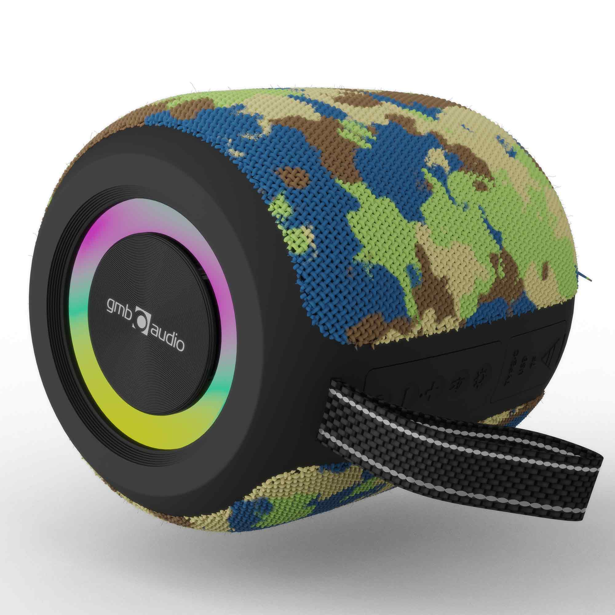 Camouflage luidspreker met RGB-lichtring en logo. Witte accenten.