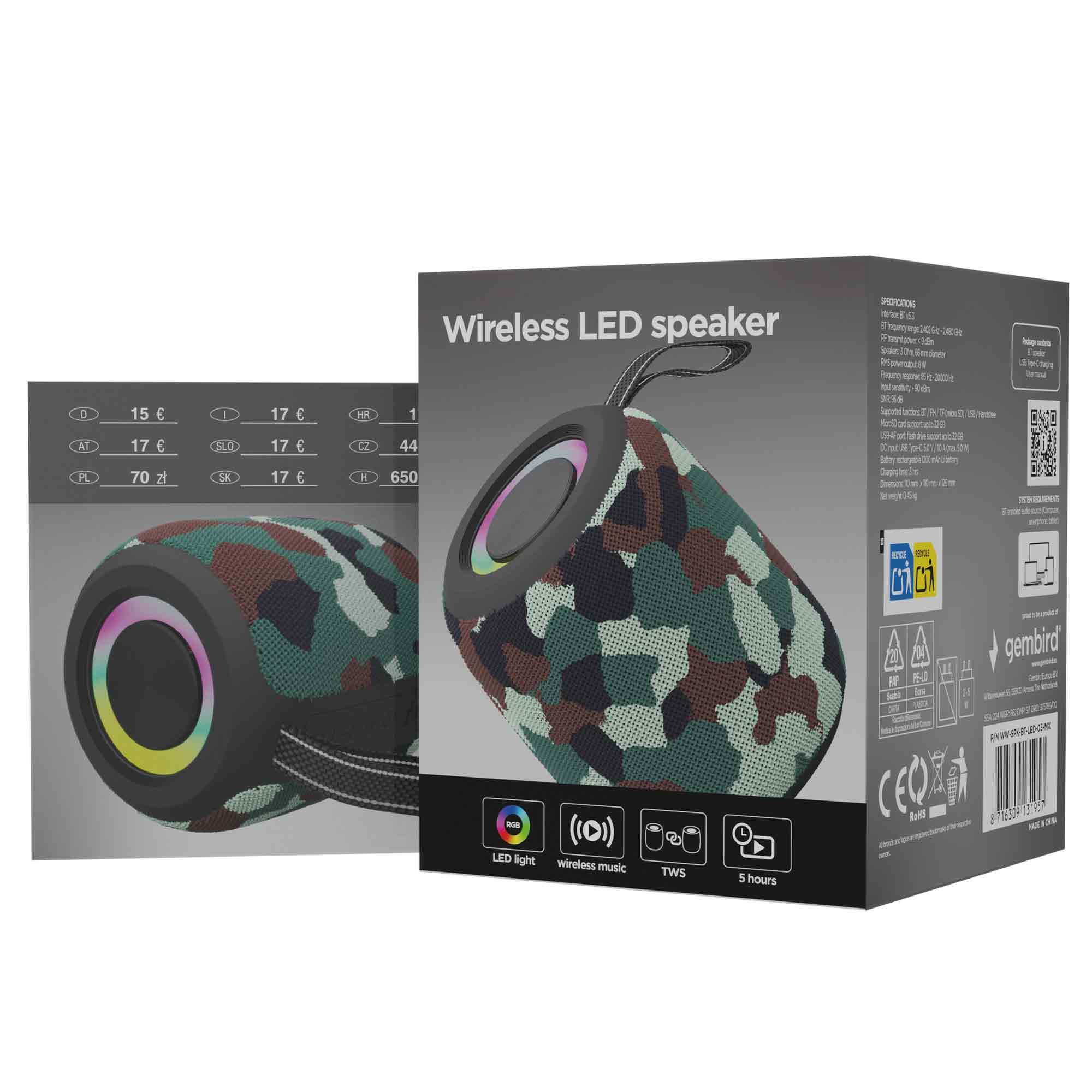 Camouflage luidspreker met RGB LED-verlichting en draagkoord op een doos.