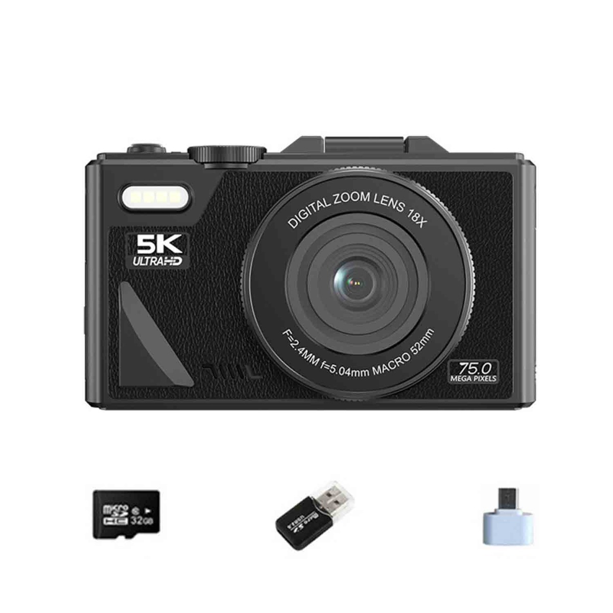 Czarny aparat cyfrowy 5K Ultra HD z zoomem 18x i akcesoriami.
