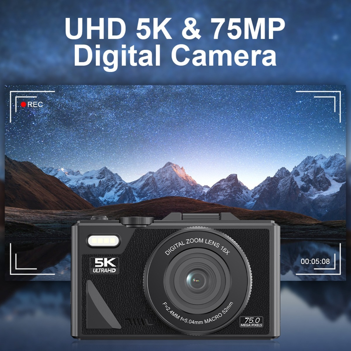 Czarny aparat cyfrowy z napisem "UHD 5K & 75MP Digital Camera".