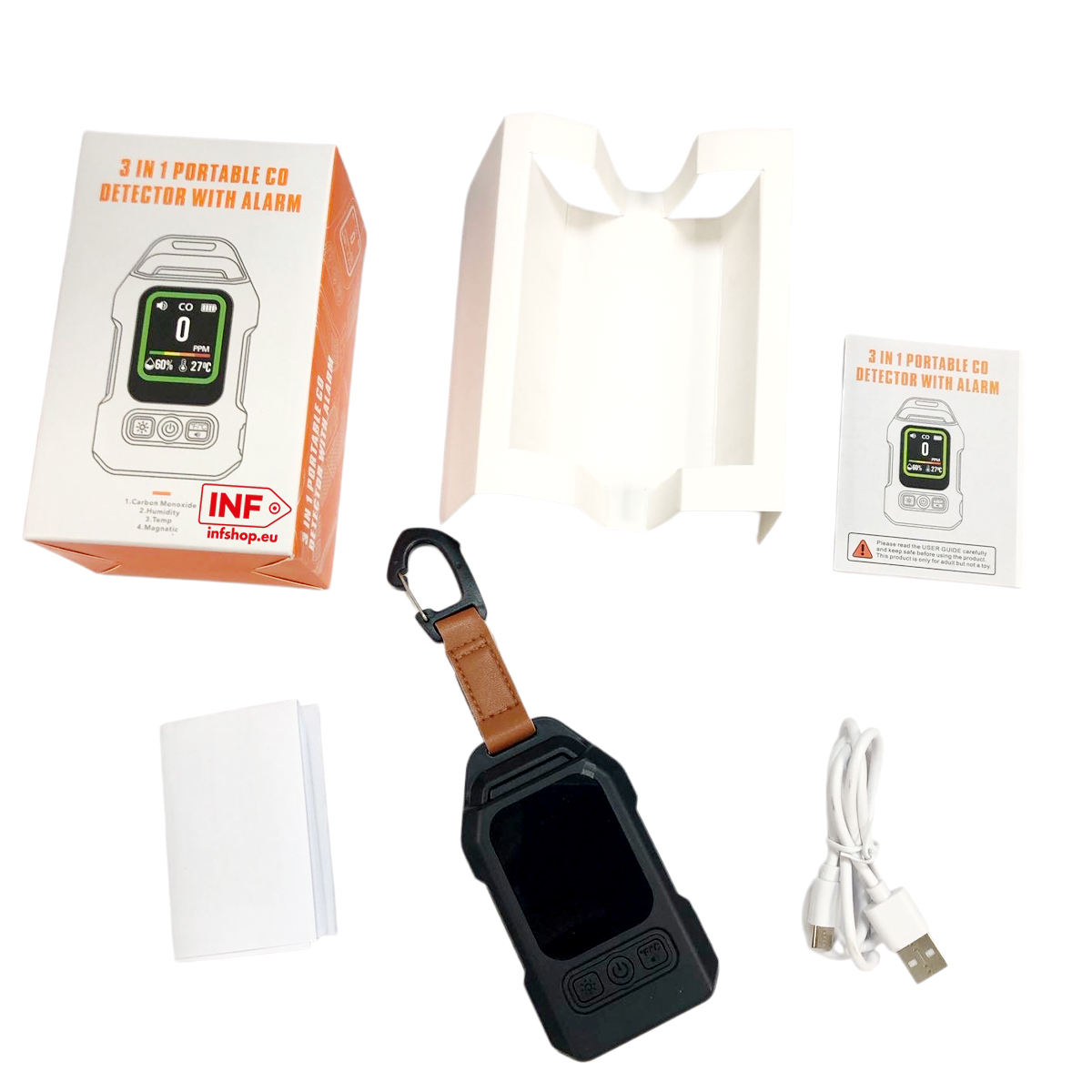Ein tragbares CO-Messgerät mit Zubehör: Box, Anleitung, Lanyard und Ladekabel.