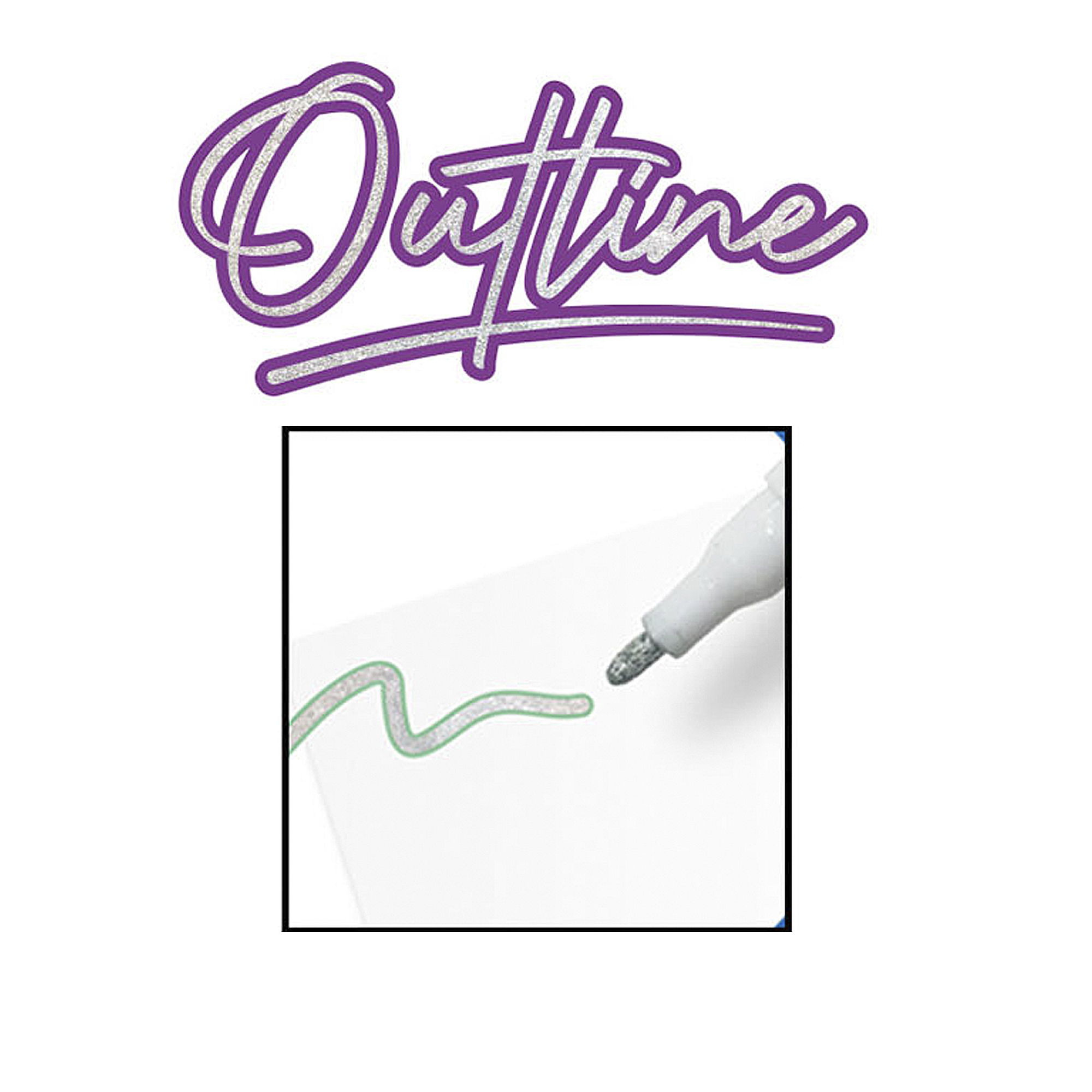 Testo viola glitterato 'Daytime' sopra un foglio bianco con una penna che disegna una linea verde.
