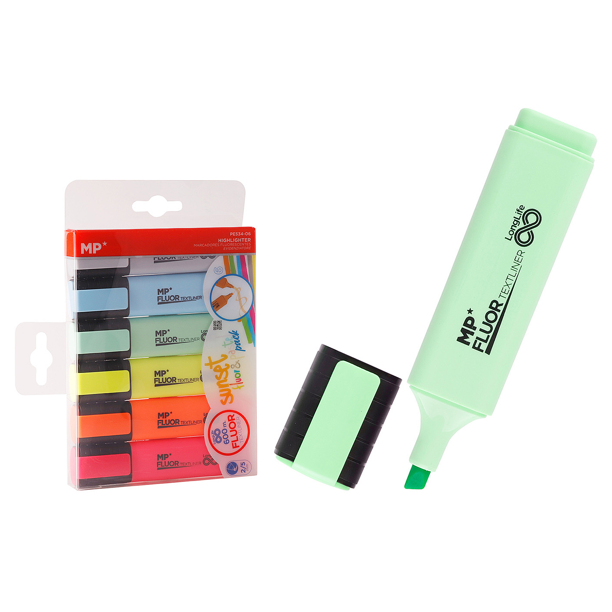 Una confezione di quattro evidenziatori pastello e un evidenziatore verde menta singolo.