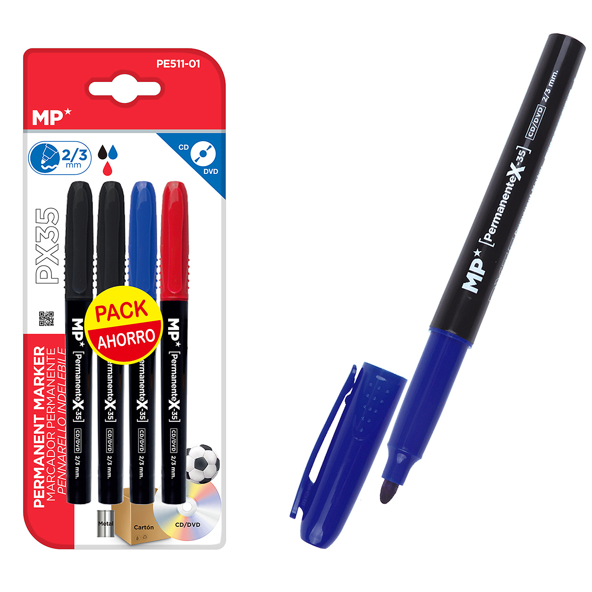Confezione da tre pennarelli indelebili: nero, blu, rosso. Un pennarello blu aperto.