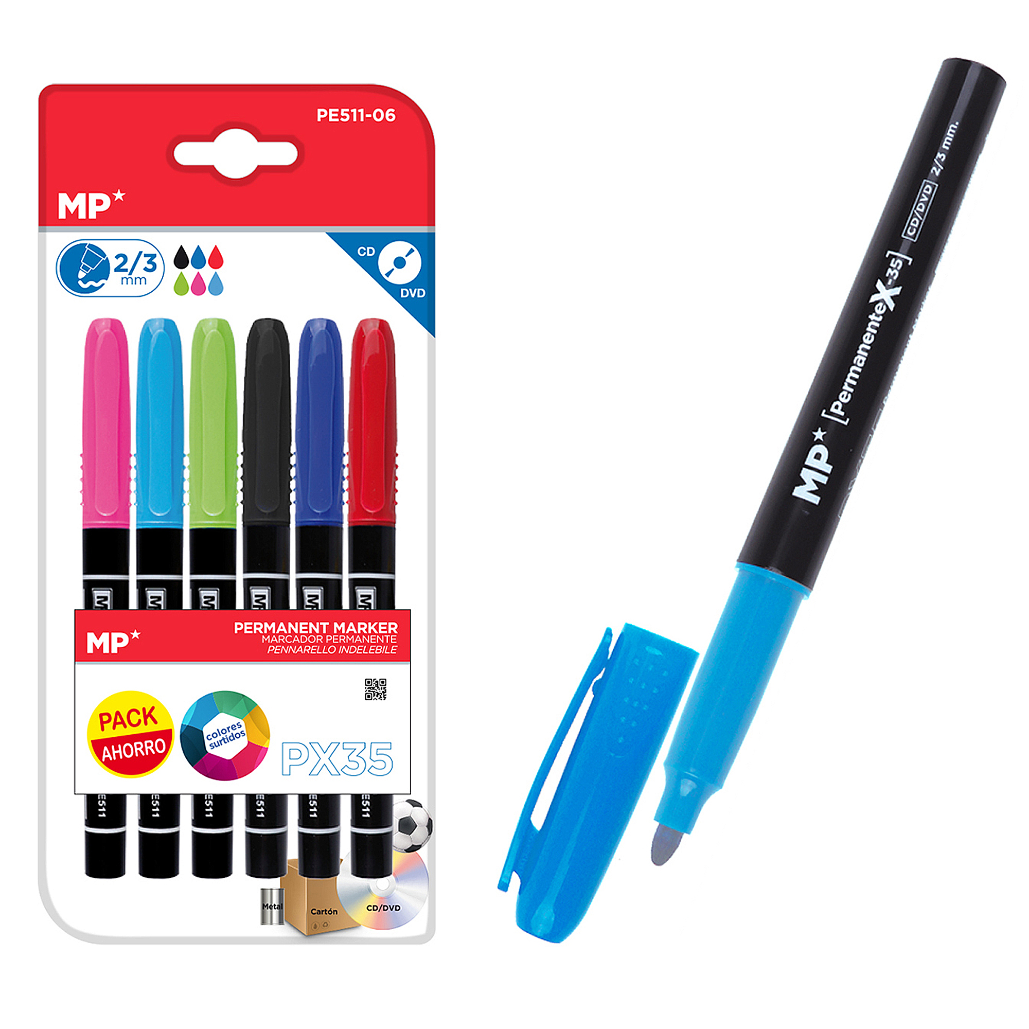 Confezione di cinque pennarelli indelebili rosa, blu, verde, nero e rosso. Una penna blu accanto.