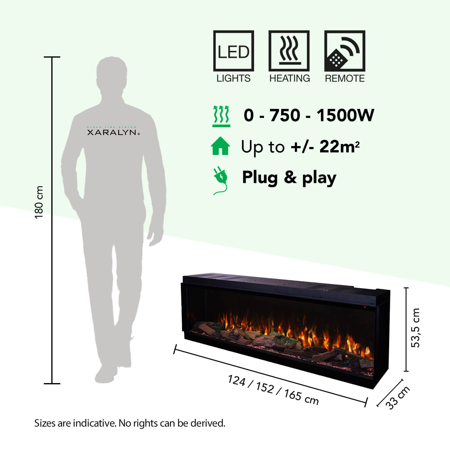 Afmetingen van een elektrische haard met LED-verlichting, verwarming en afstandsbediening.