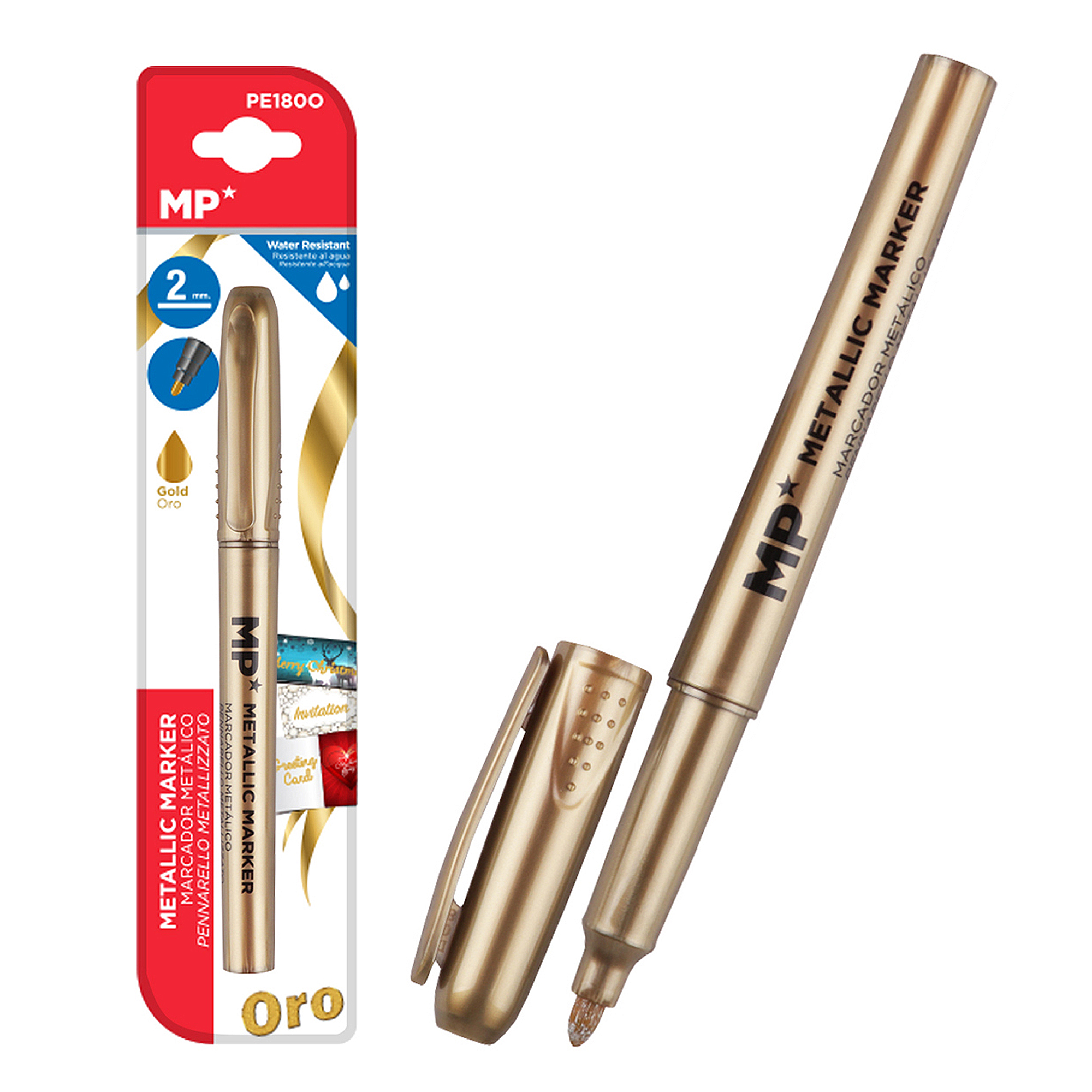 Pennarello metallico dorato con tappo aperto e confezione.