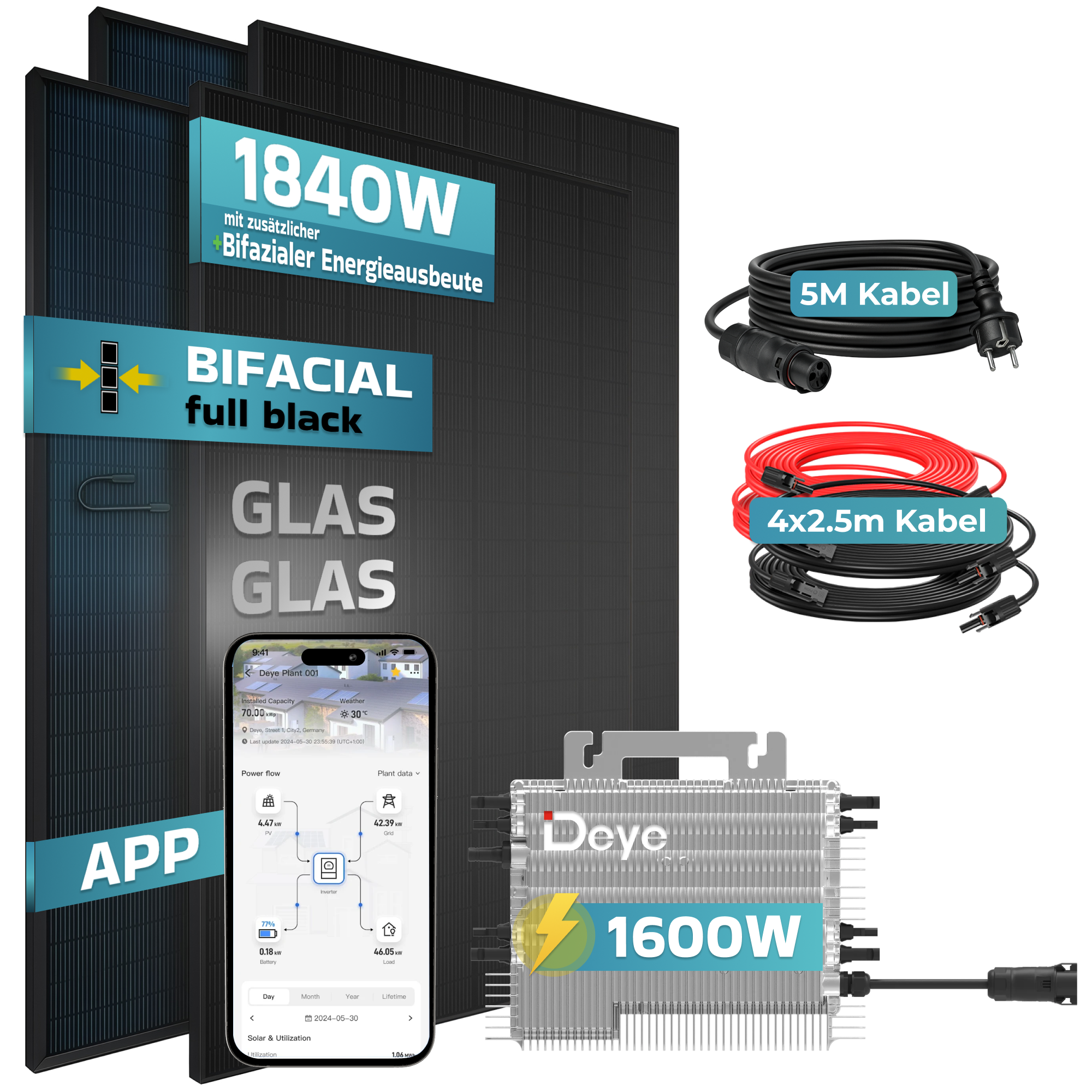Schwarze Bifacial-Solarmodule, Wechselrichter, Kabel und eine App-Anzeige.