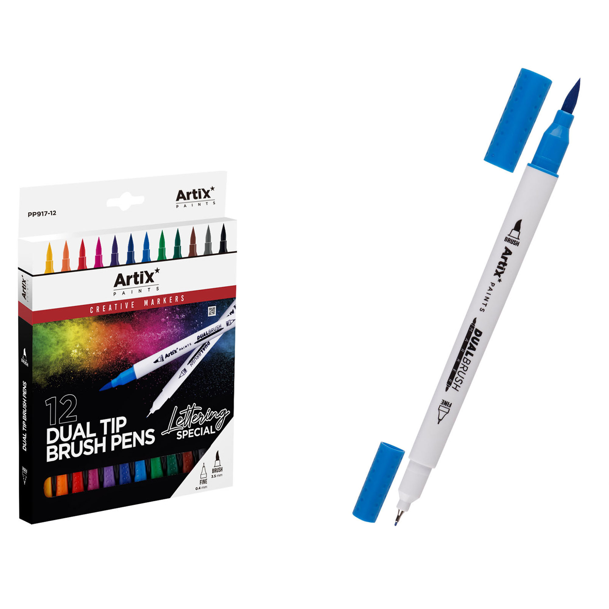 Confezione da 12 pennarelli Artix Dual Tip Brush Pens e un pennarello blu.