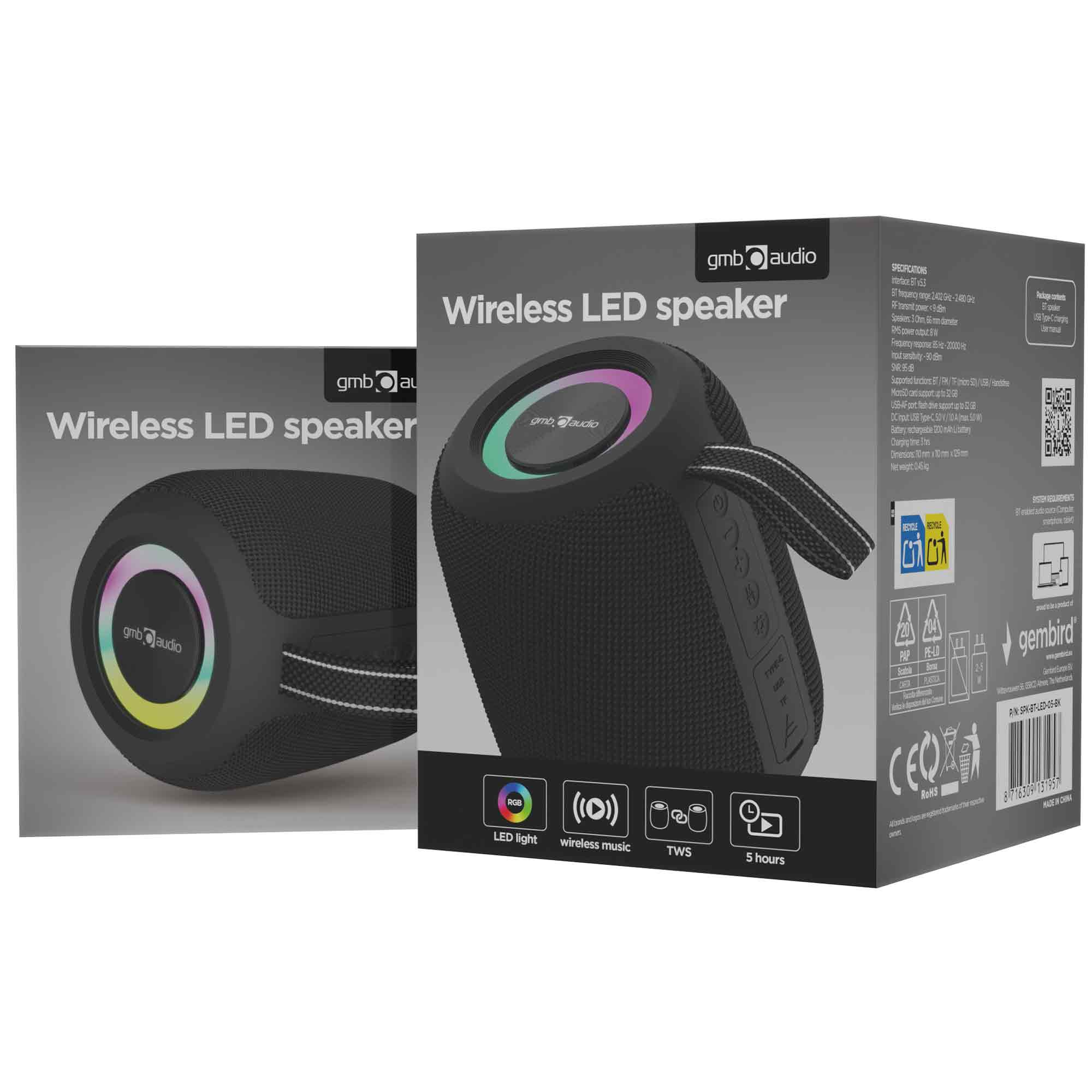 Zwarte draadloze LED-luidspreker met RGB-verlichting en productspecificaties.