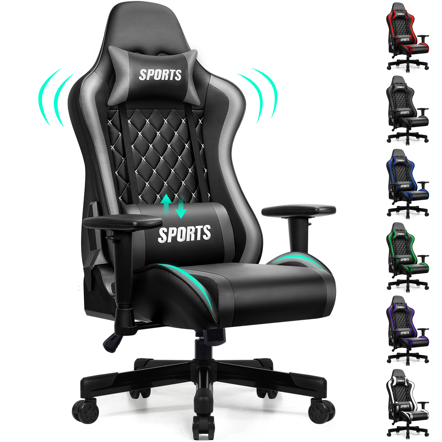 Schwarzer Gaming-Stuhl mit Lendenkissen und Kopfstütze, mehrere Farben gezeigt.