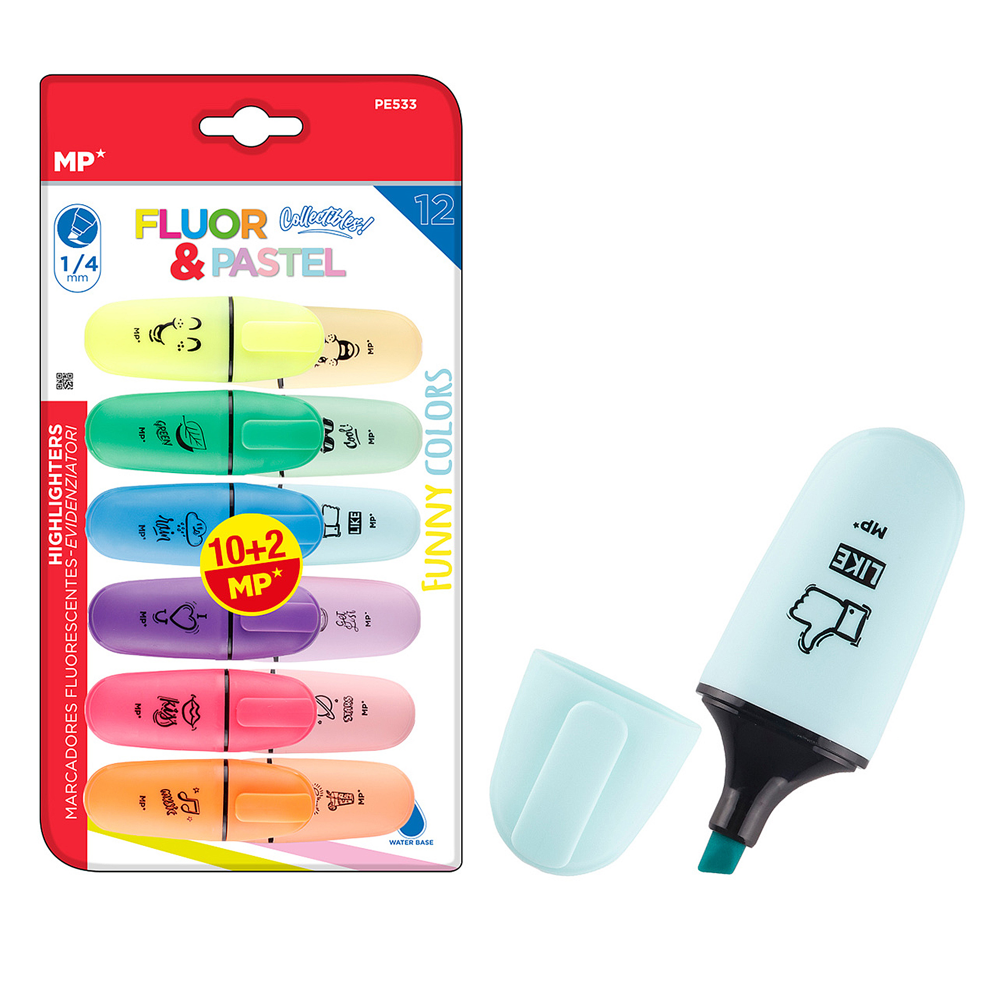 Confezione da 12 evidenziatori MP in vari colori pastello con disegni divertenti e un evidenziatore azzurro con cappuccio.