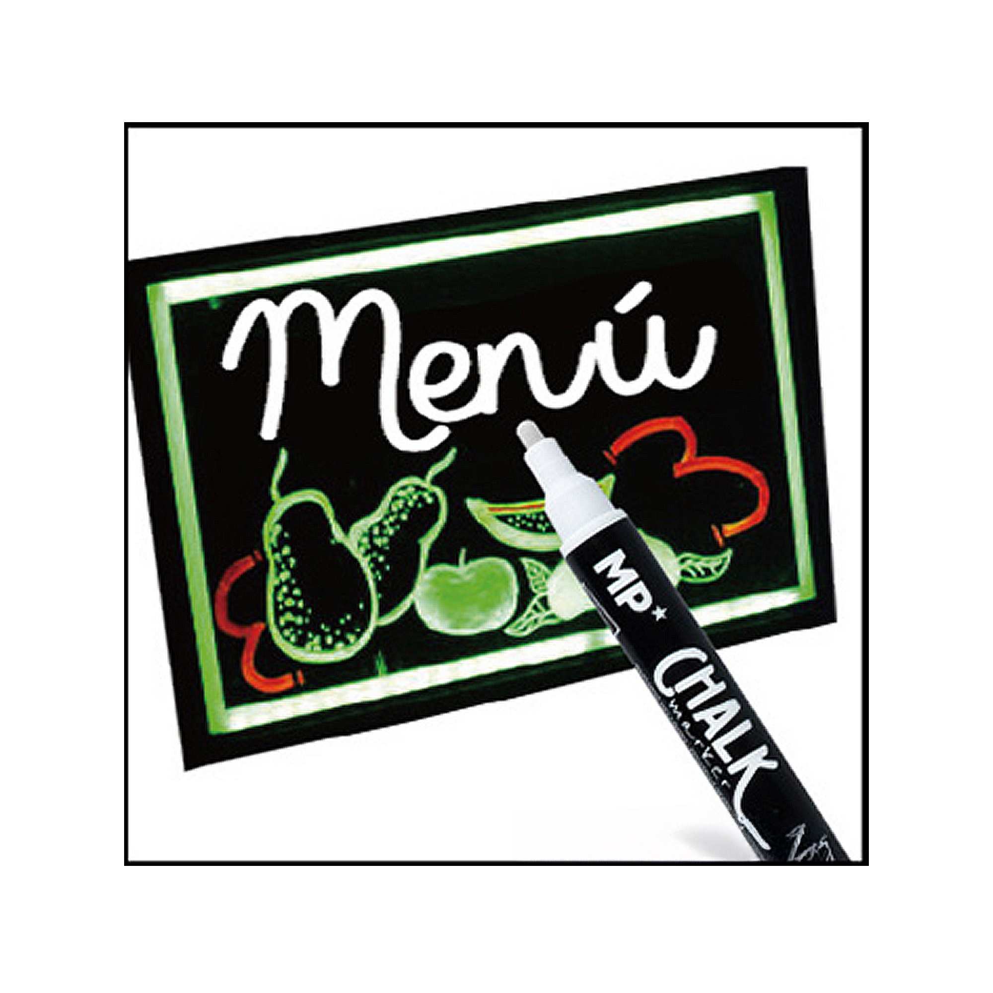Cartello menu nero con frutta luminosa e pennarello.