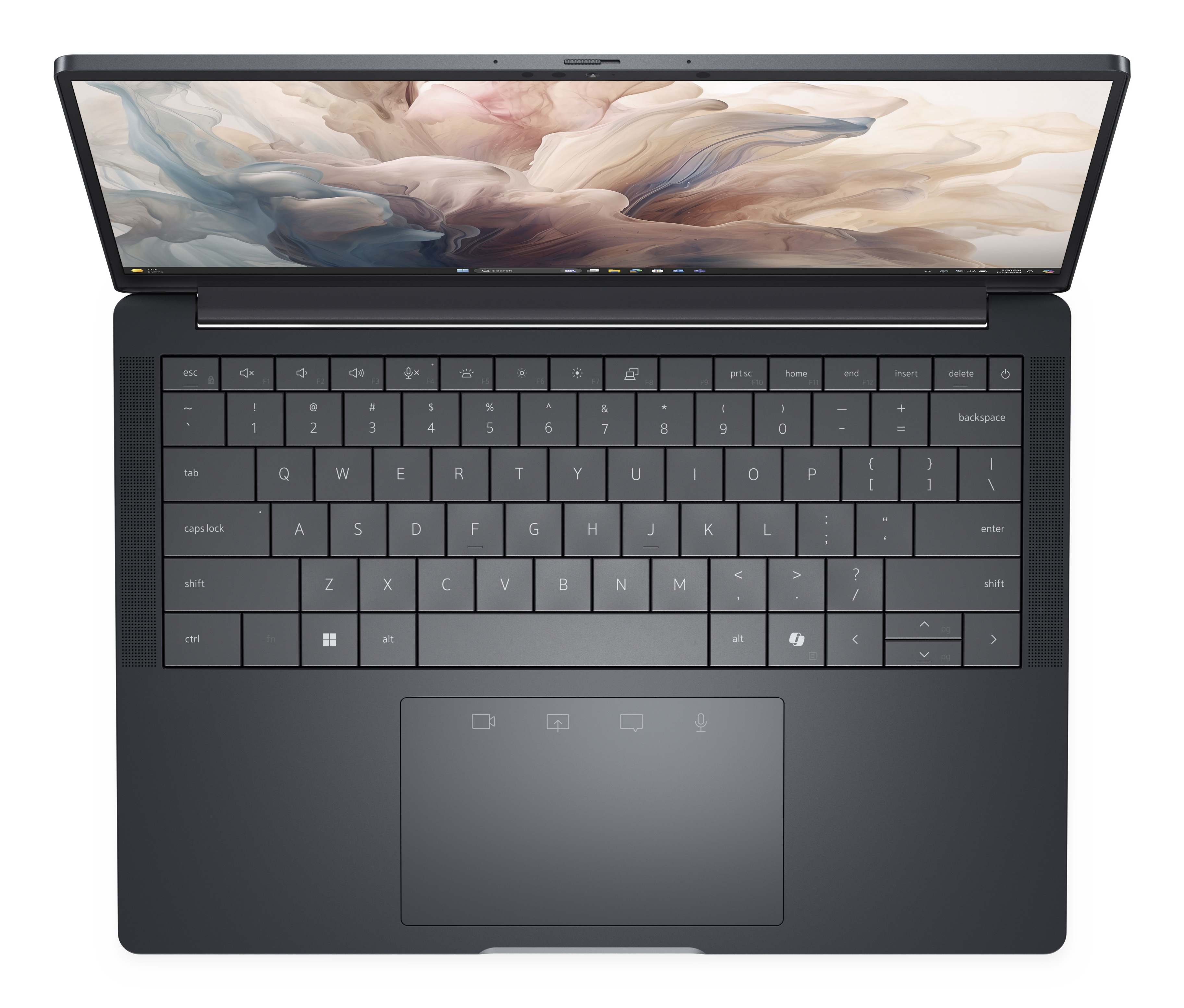 Un laptop scuro con lo schermo aperto, che mostra un'immagine astratta.