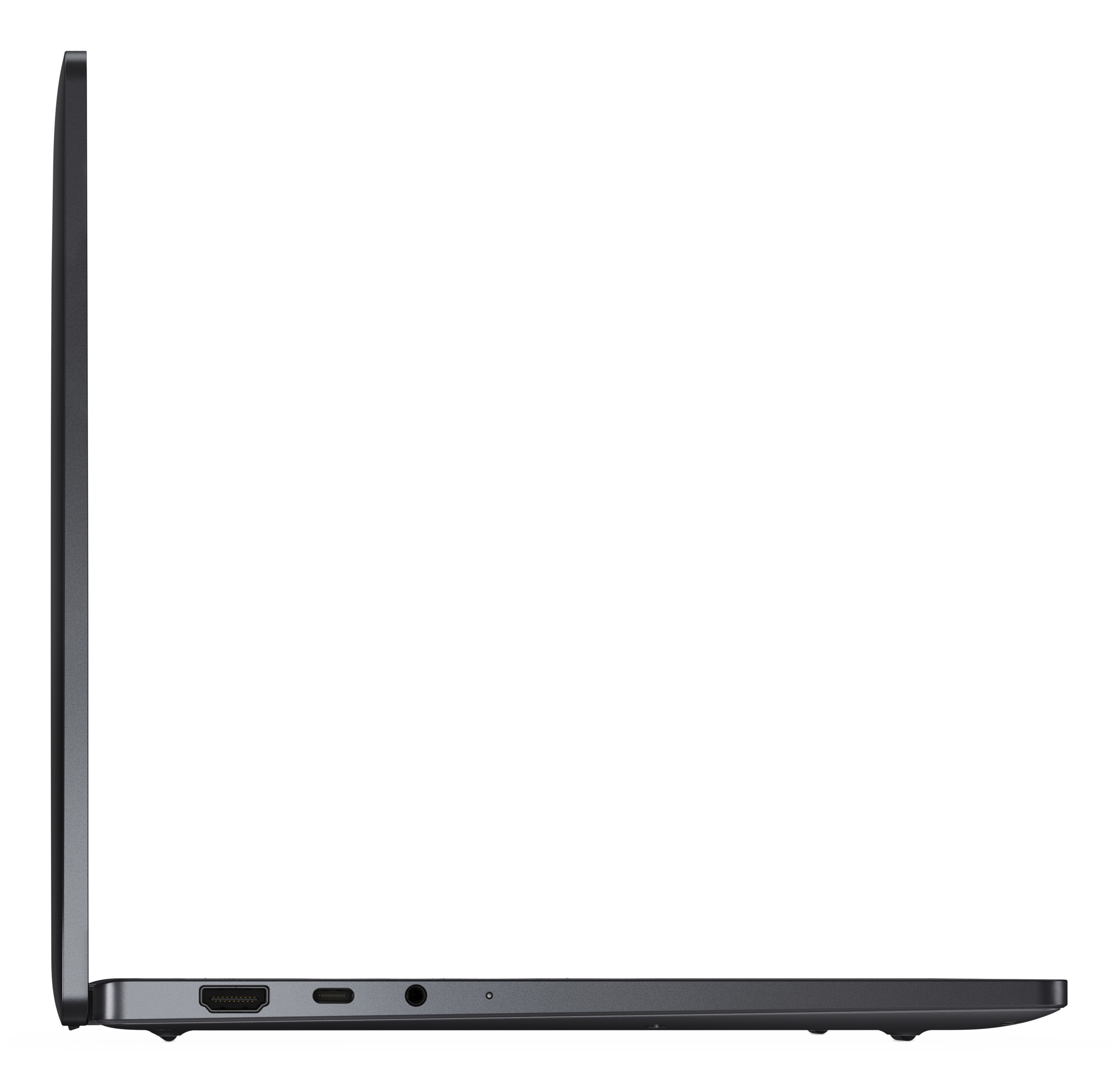 Vue latérale d'un ordinateur portable gris foncé montrant les ports HDMI, USB-C et casque.