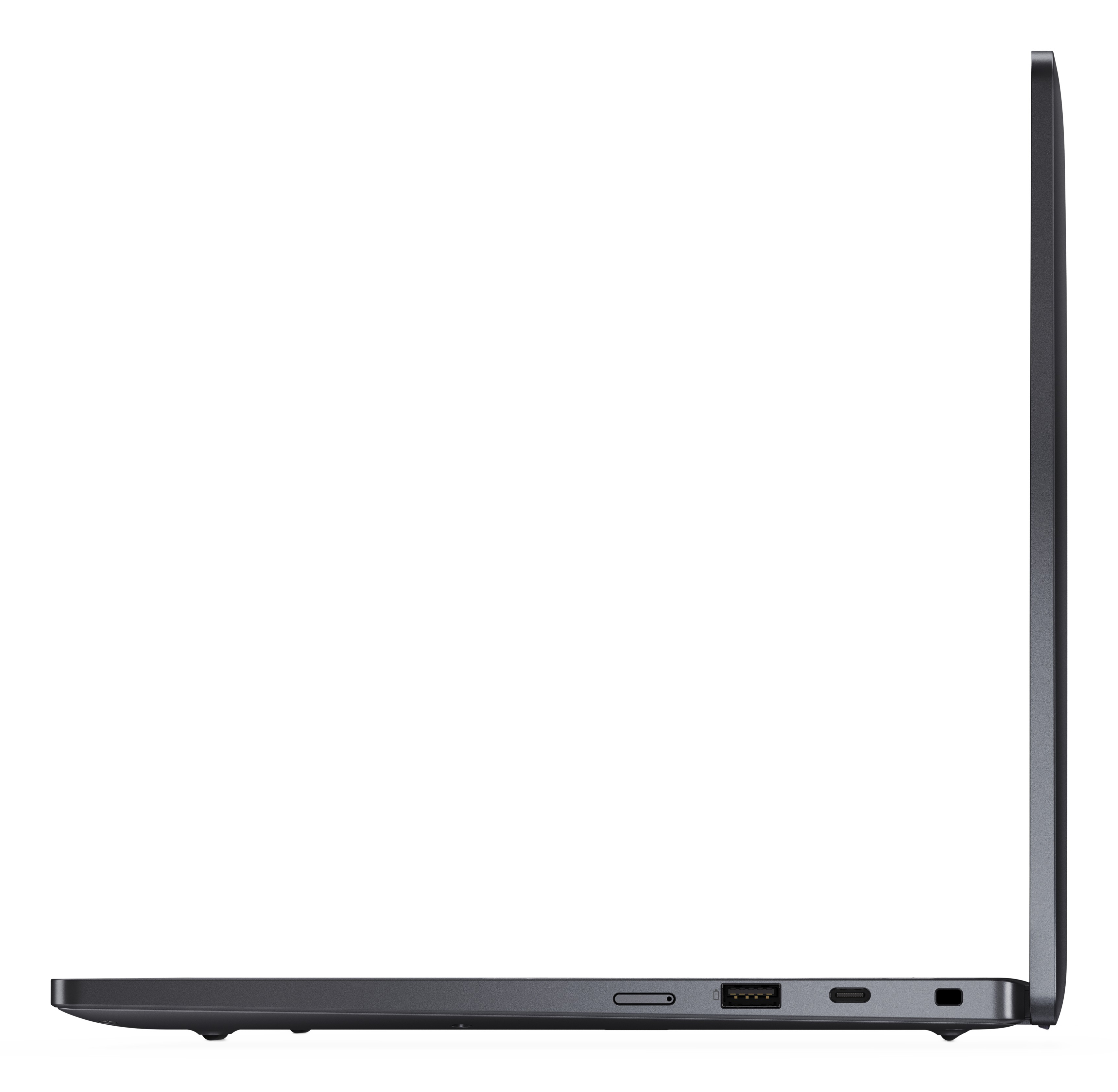 Vista laterale di un laptop scuro che mostra le porte: USB-A, USB-C e un'altra porta.
