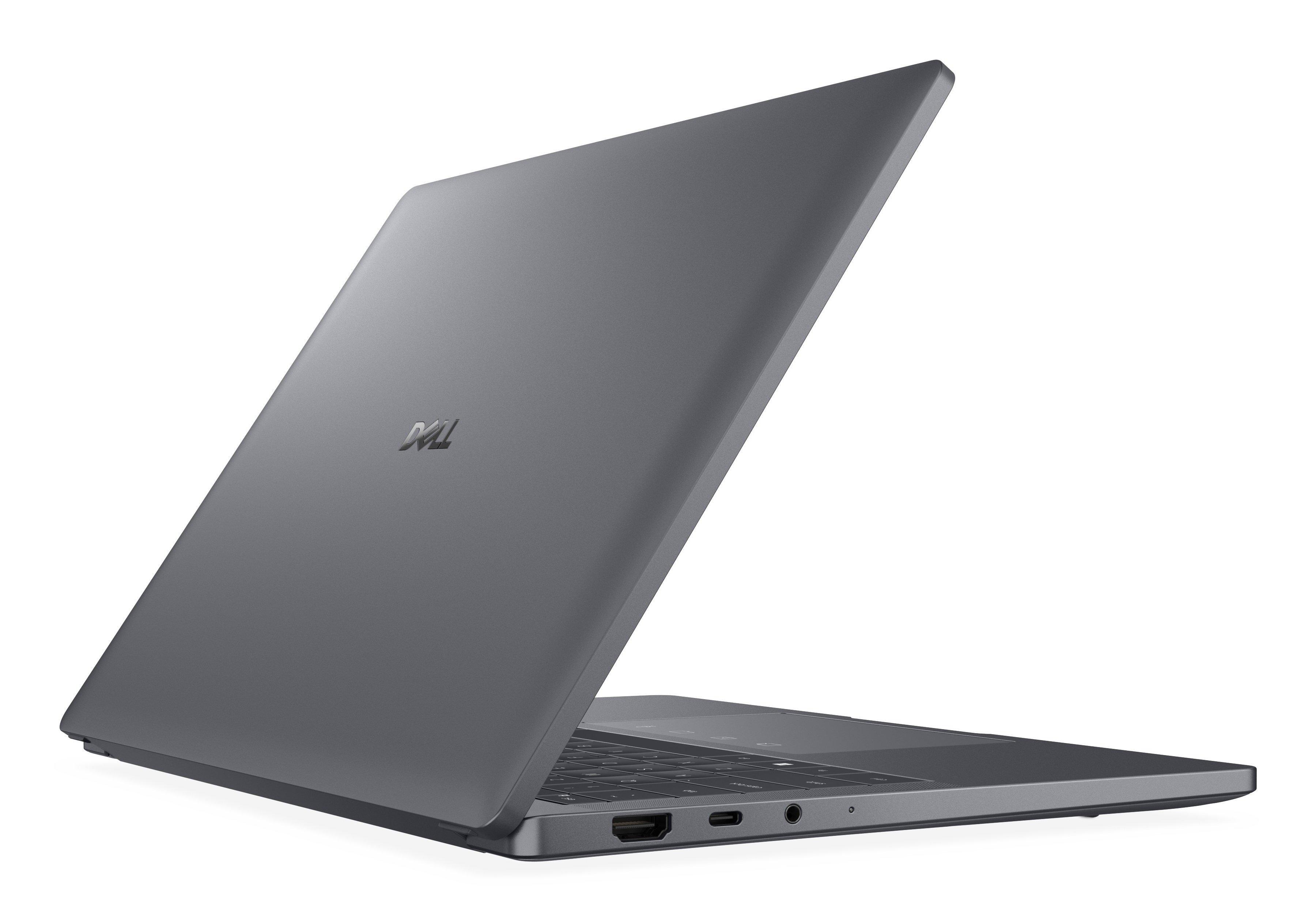 Un ordinateur portable Dell gris est ouvert, montrant le clavier et les ports. Le capot est incliné en arrière.