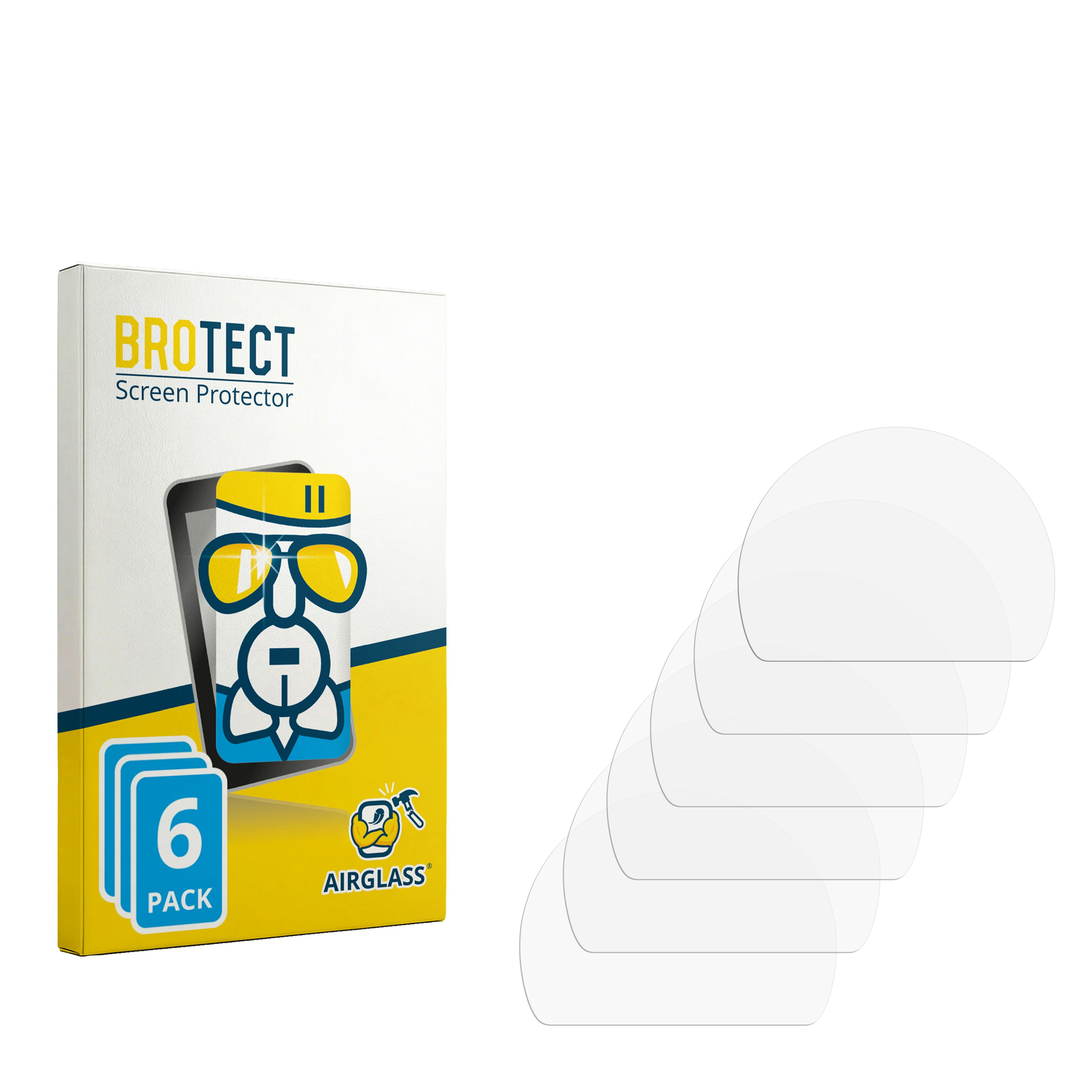 Verpackung mit BROTECT Schriftzug und 6 Schutzfolien daneben.
