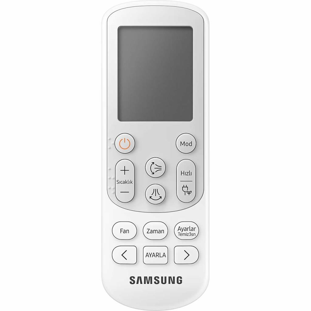 Koyu ekranlı ve düğmeli beyaz bir Samsung klima kumandası.
