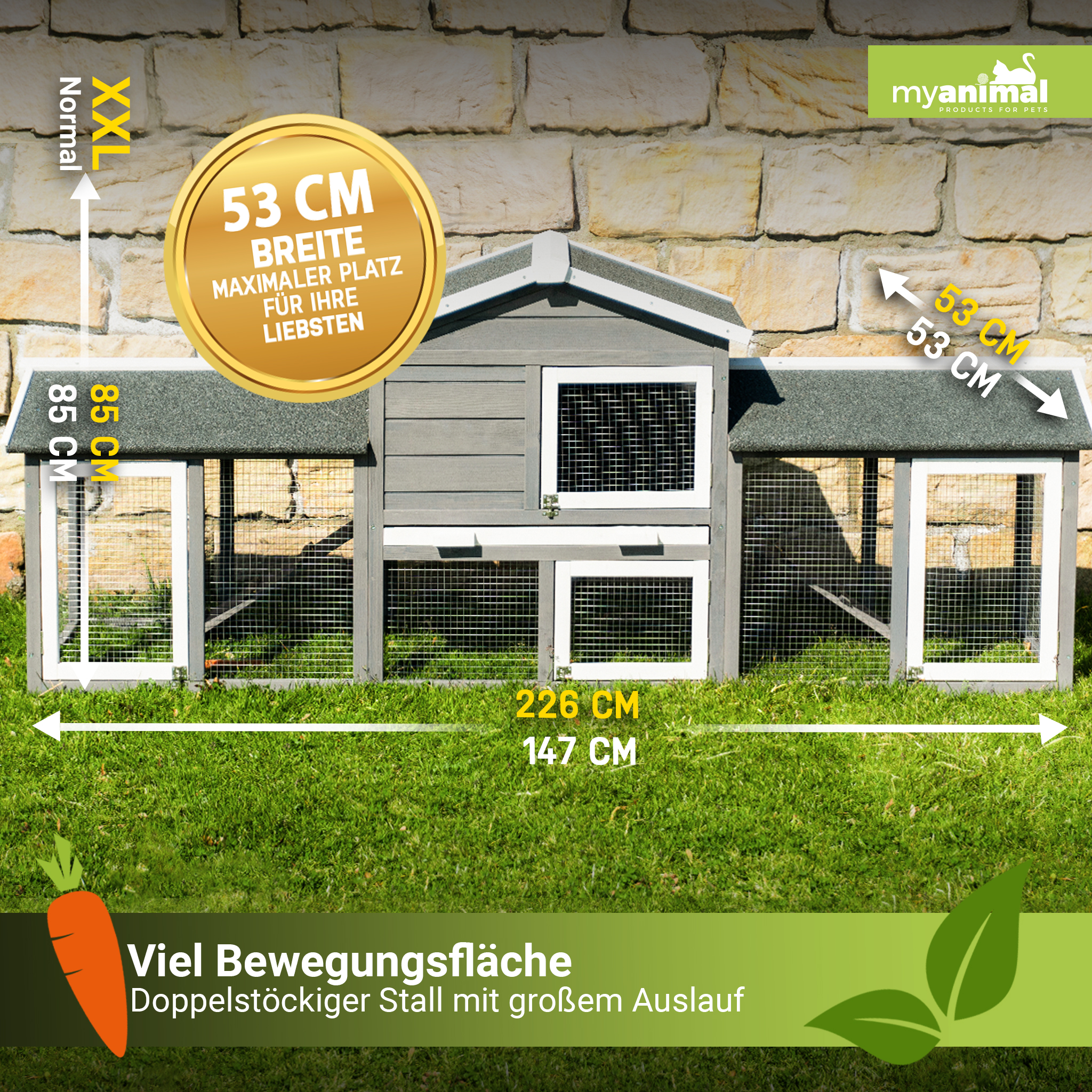 Doppelstöckiger Stall mit Auslauf. Breite 53cm, Höhe 85cm. Gesamtlänge 226cm.