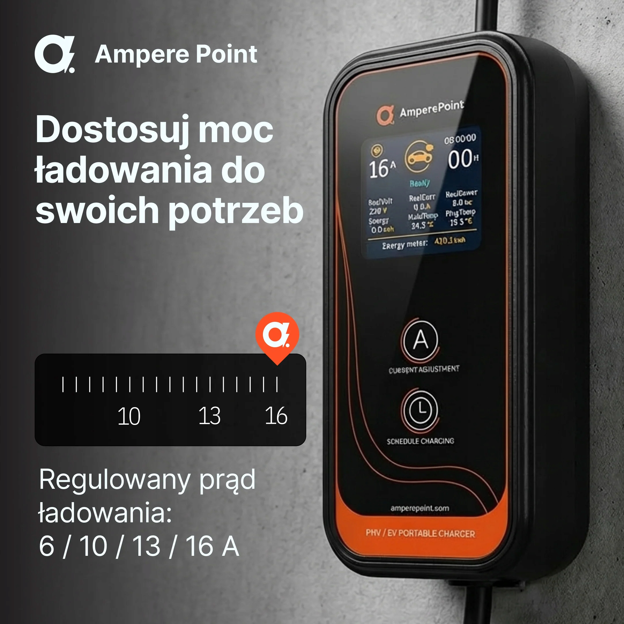 Czarna ładowarka EV Ampere Point z pomarańczowymi akcentami, zamontowana na betonowej ścianie.