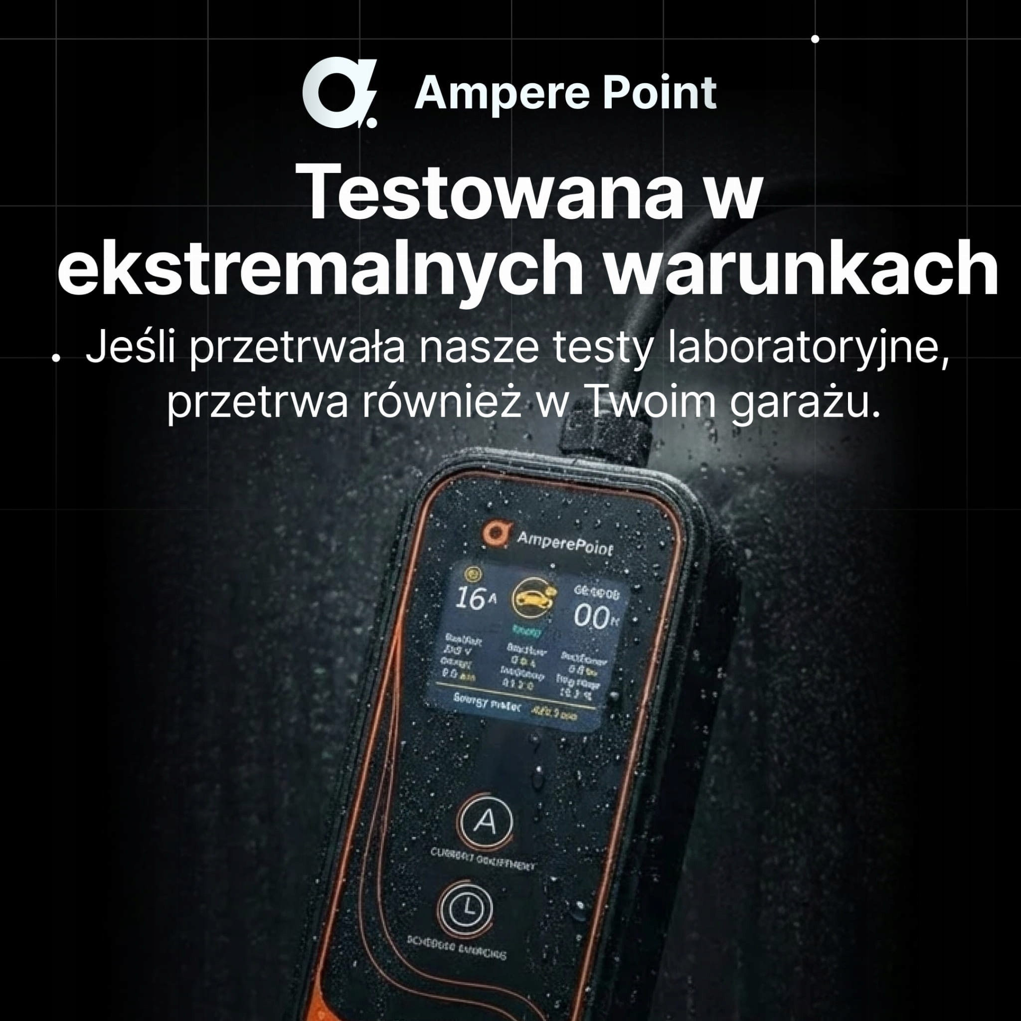 Pomarańczowa ładowarka Ampere Point z wodą na ekranie.