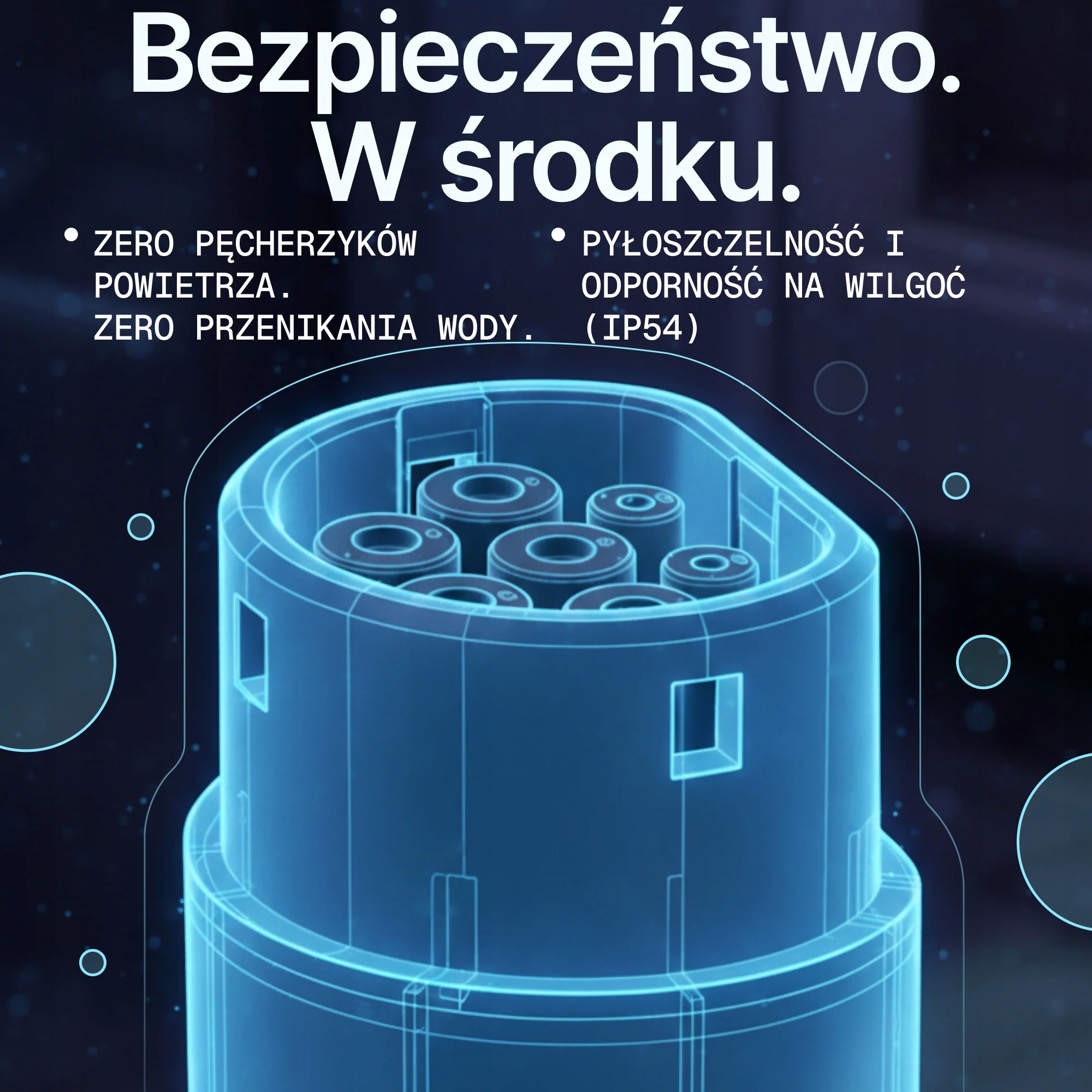 Niebieski schemat złącza z wieloma pinami i tekstem. Pyłoszczelny i wodoodporny.