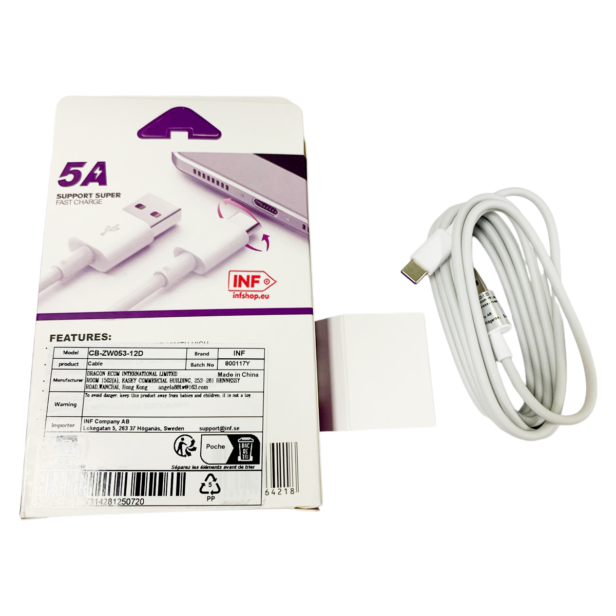 Ein weißes USB-C-Kabel und eine Verpackung mit der Aufschrift 5A SUPER FAST CHARGE.