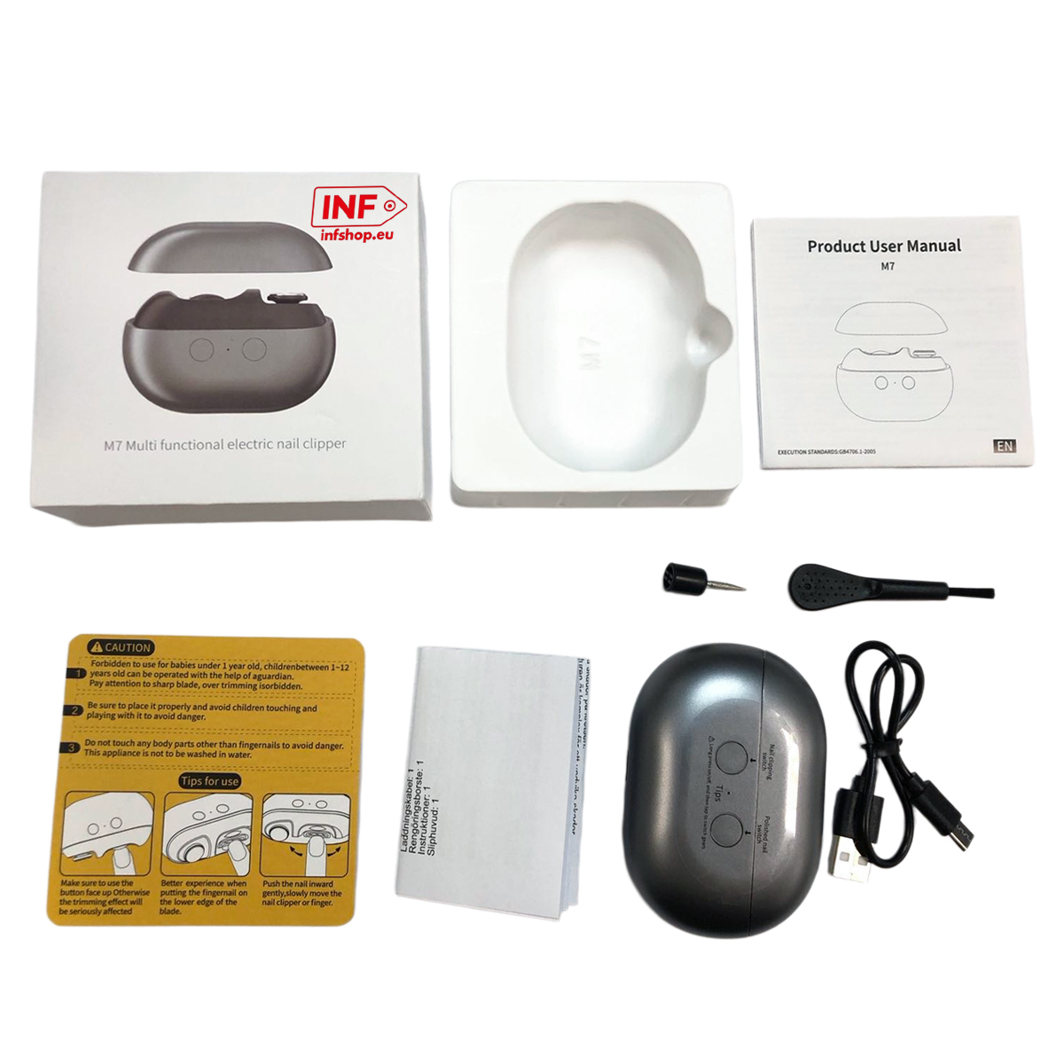 Ein elektrischer Nagelknipser-Set mit Anleitung, Ladekabel und Zubehör auf weißem Hintergrund.