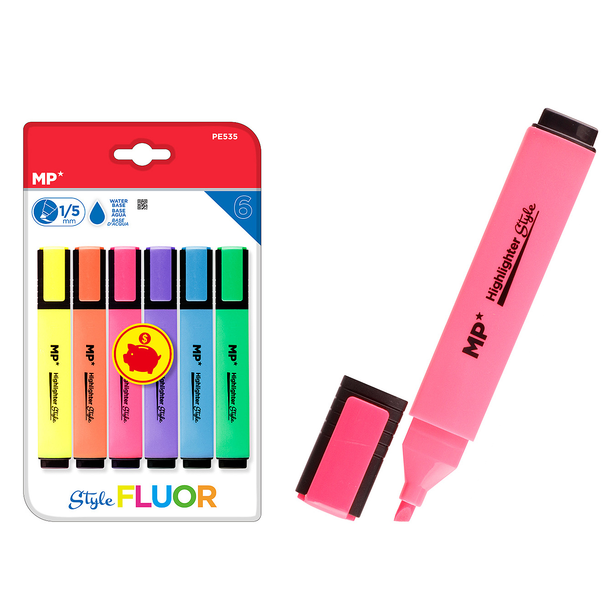 Confezione da sei evidenziatori MP gialli, arancioni, rosa, viola, blu e verdi.