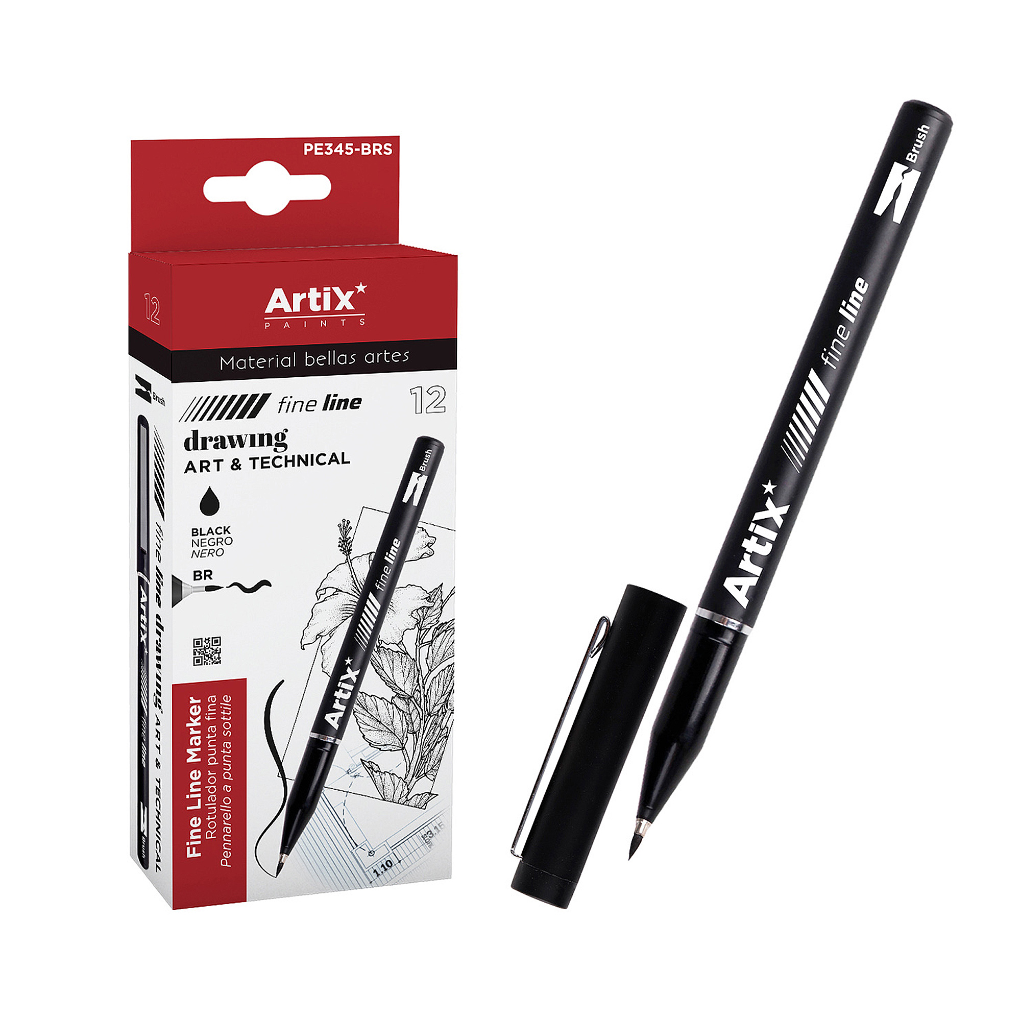 Un pennarello Artix Fine Line nero con cappuccio e confezione.