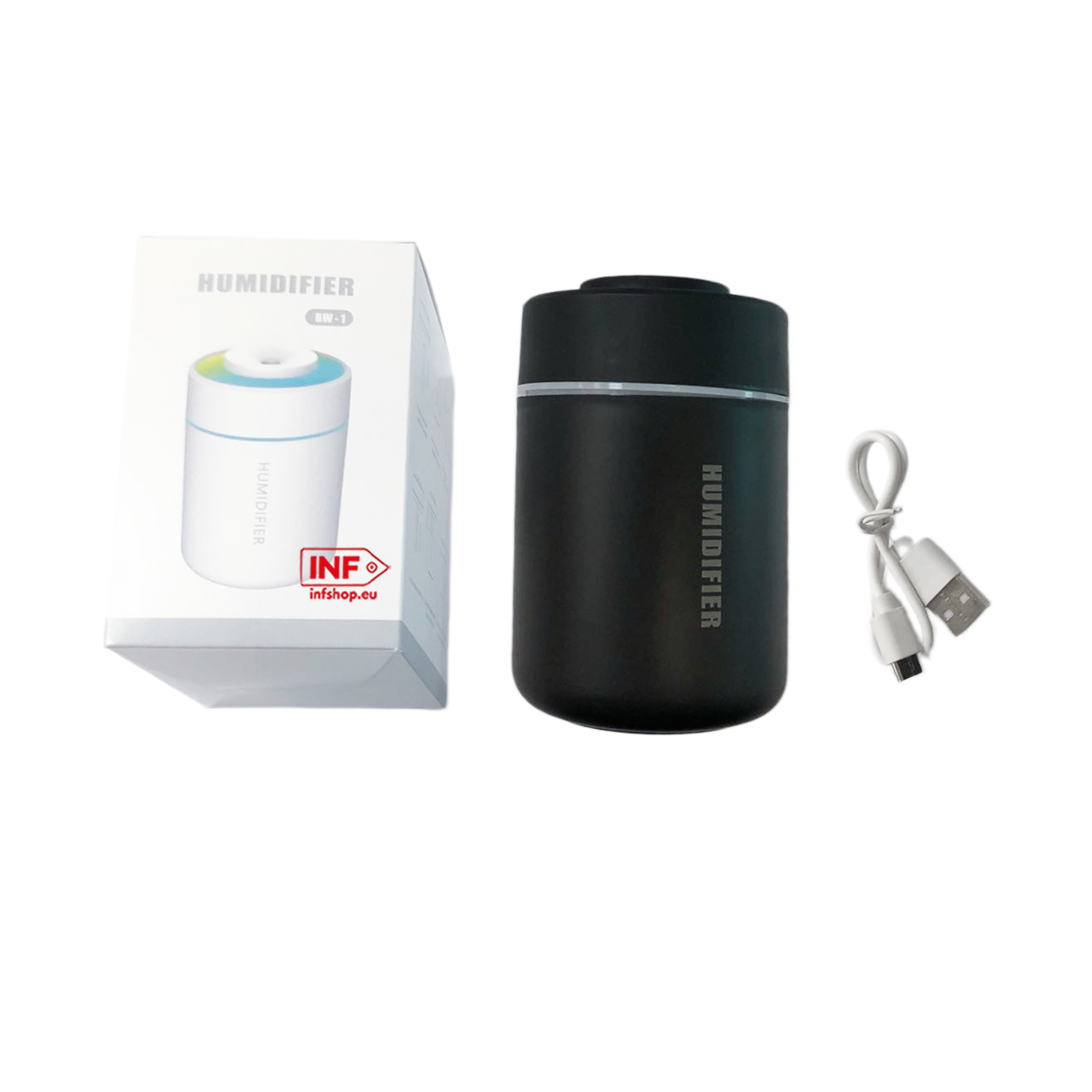 Czarny nawilżacz z białym kablem USB i opakowaniem.