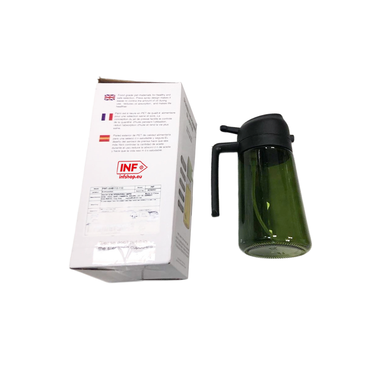Grüne PET-Ölflasche mit schwarzem Griff neben einer Verpackung.