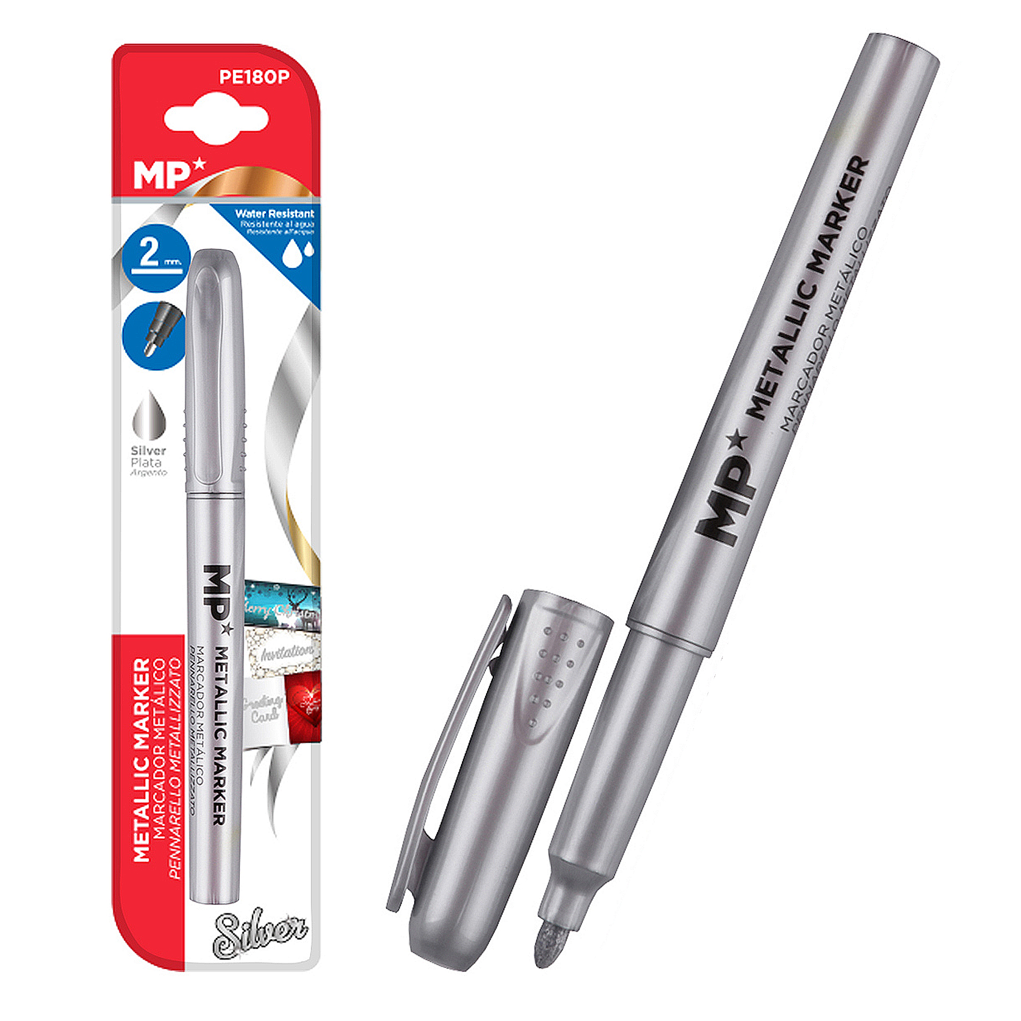 Pennarello metallizzato argento con tappo e confezione, punta 2mm.