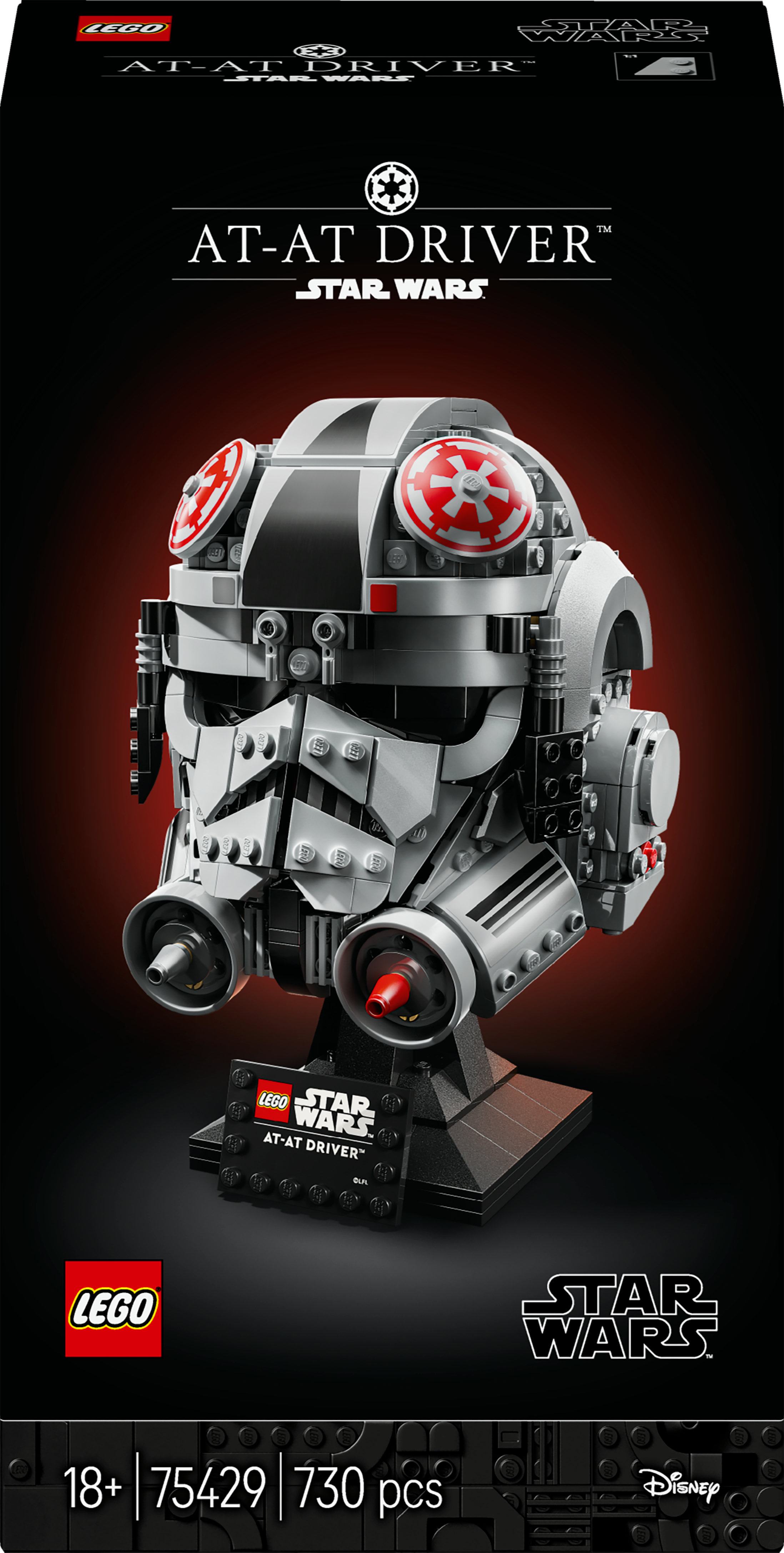 Construction LEGO Star Wars Casque AT-AT Driver avec emblèmes impériaux rouges.