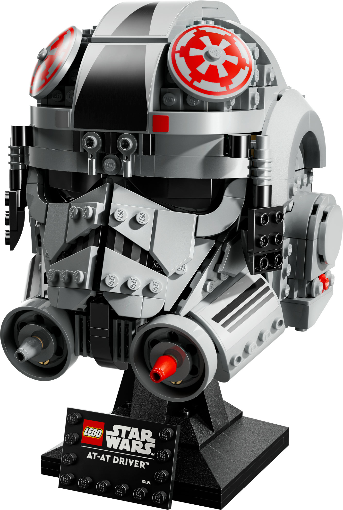 Casque gris de pilote AT-AT Lego avec symboles impériaux rouges sur socle.