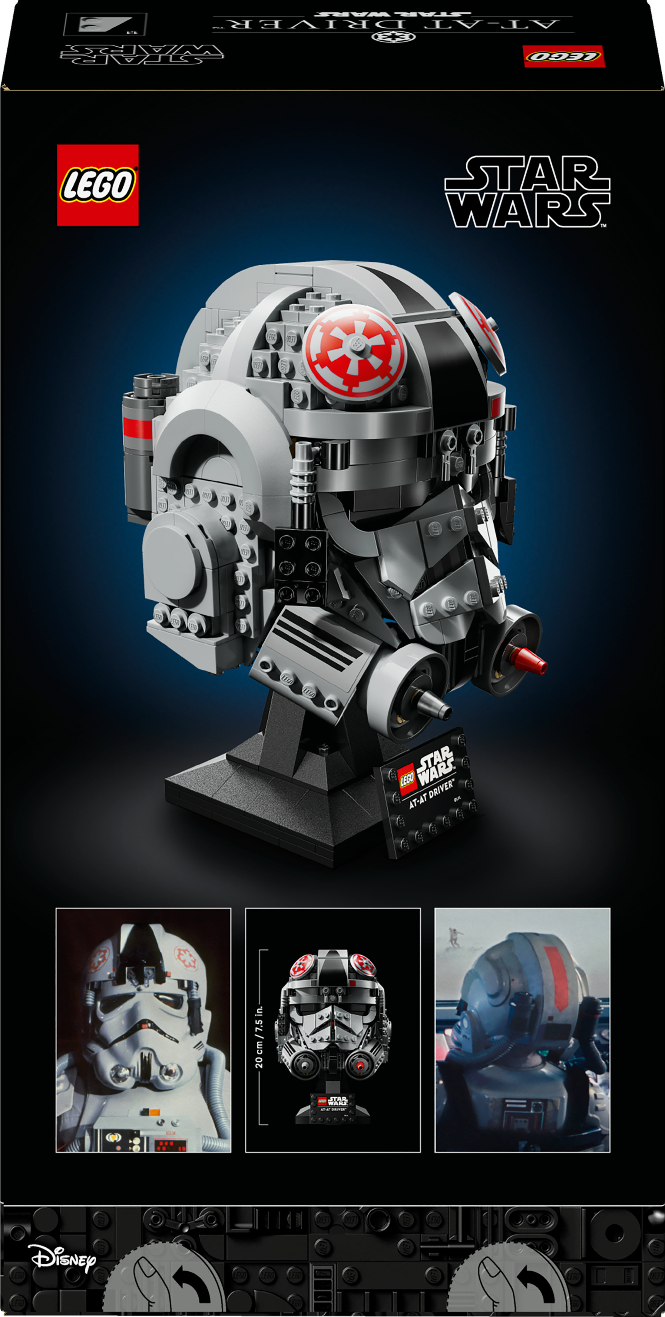 Casque de pilote AT-AT LEGO Star Wars sur un socle.