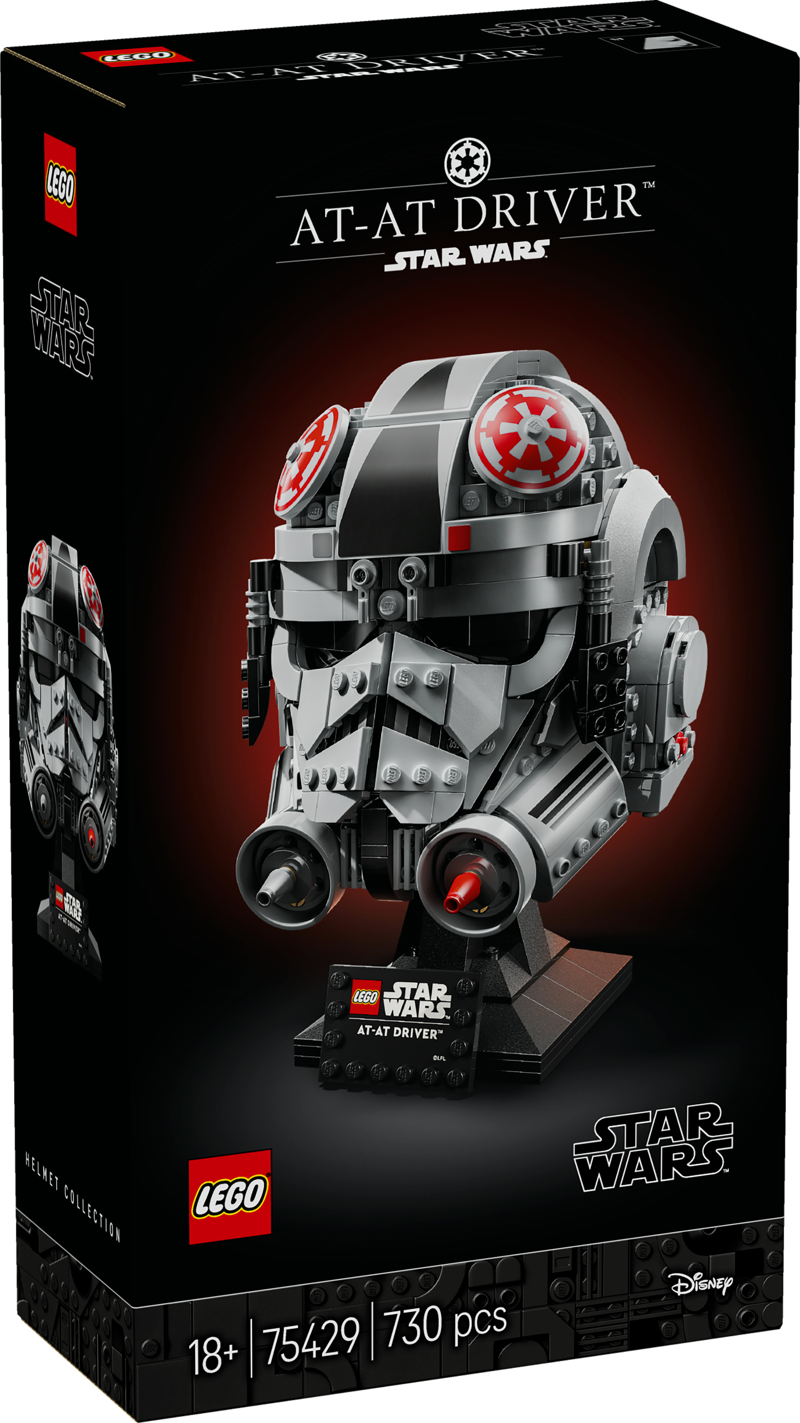 Set de casque LEGO Star Wars AT-AT Driver avec un modèle de casque détaillé sur un socle.