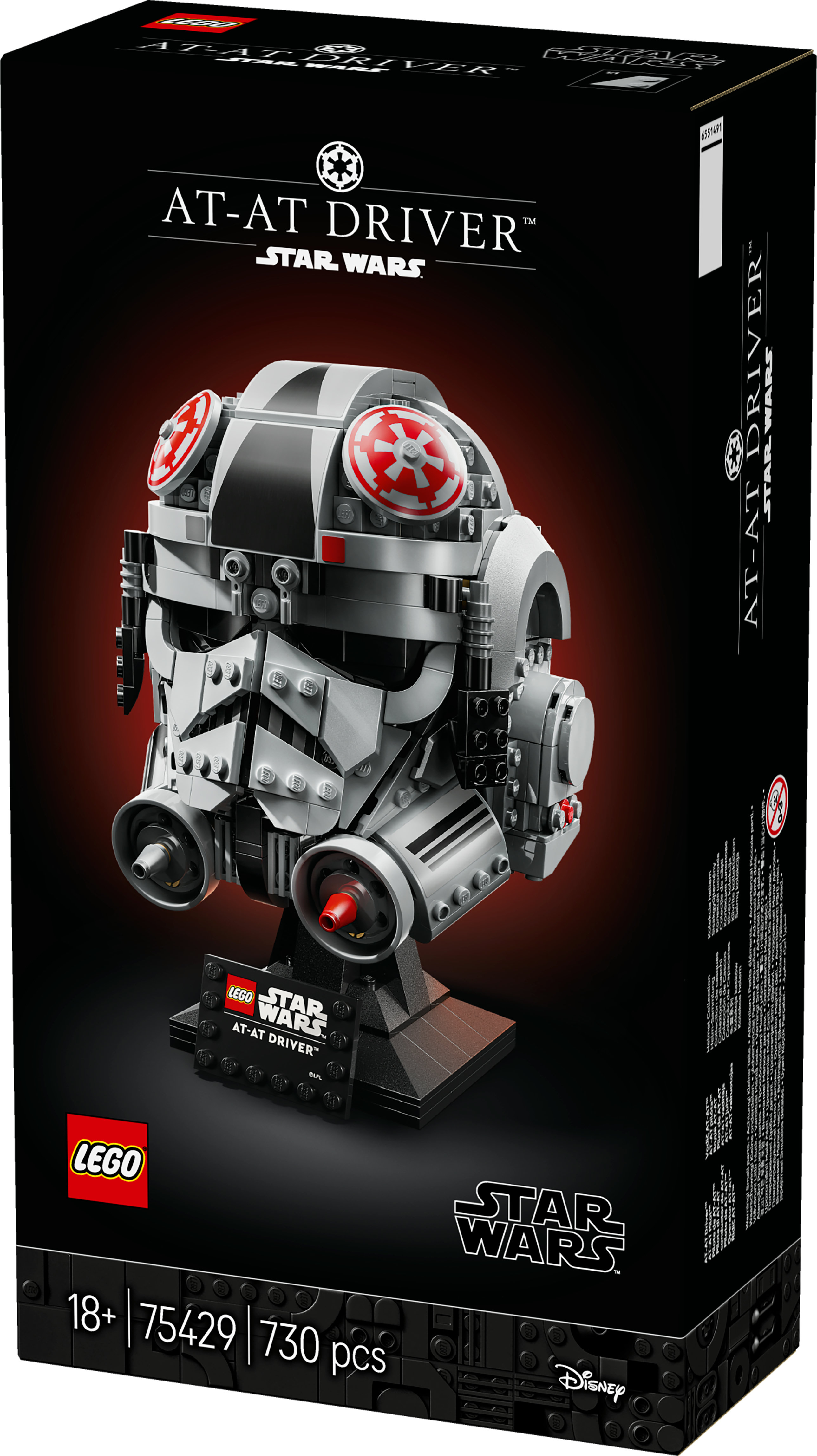 Maquette du casque de pilote AT-AT LEGO Star Wars sur socle.